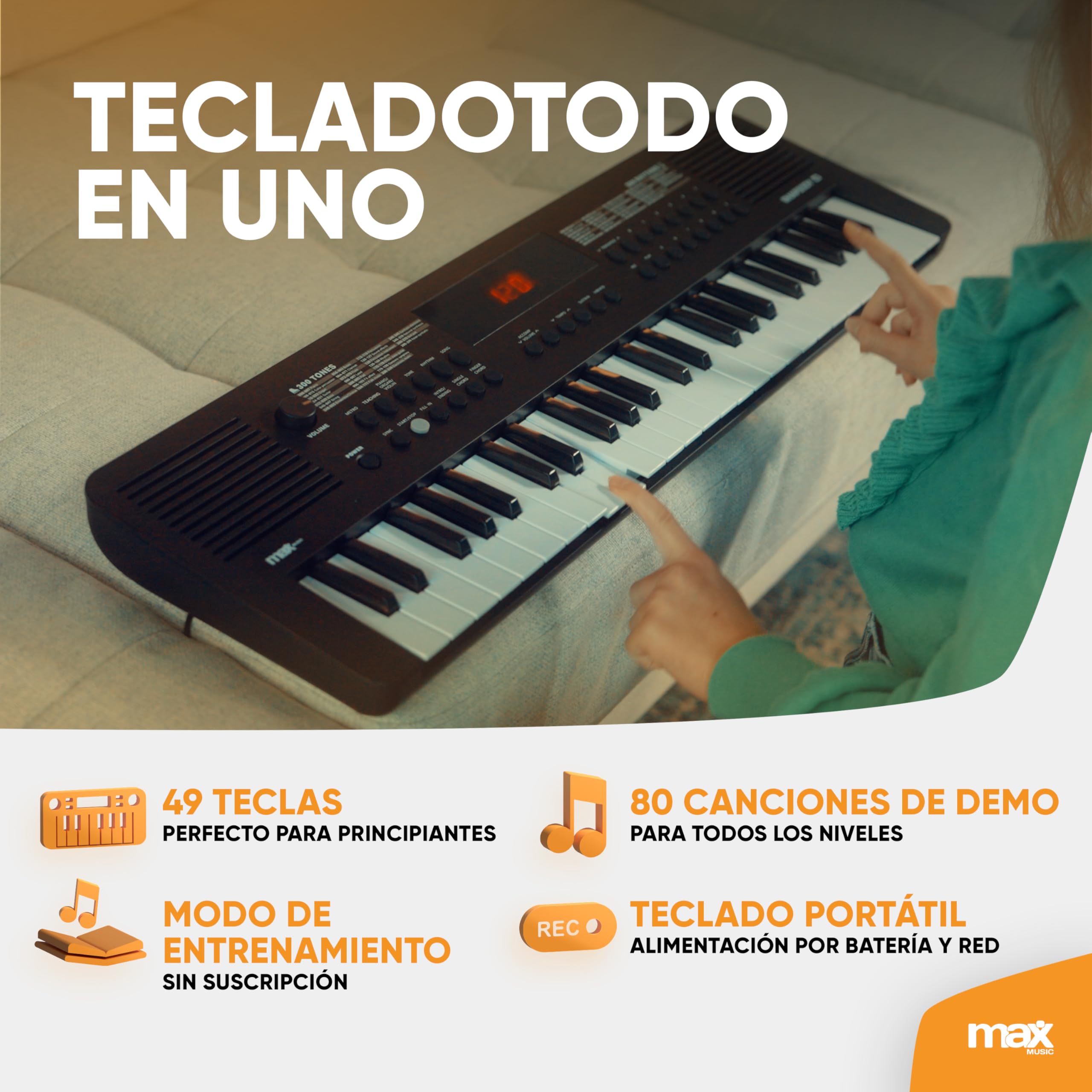 MAX Rhapsody49 - Piano eléctrico de 49 teclas para principiantes con función de aprendizaje, teclado con altavoz, pantalla LED, 80 canciones de demo, 300 de sonido y ritmos, USB-C, Midi y auriculares