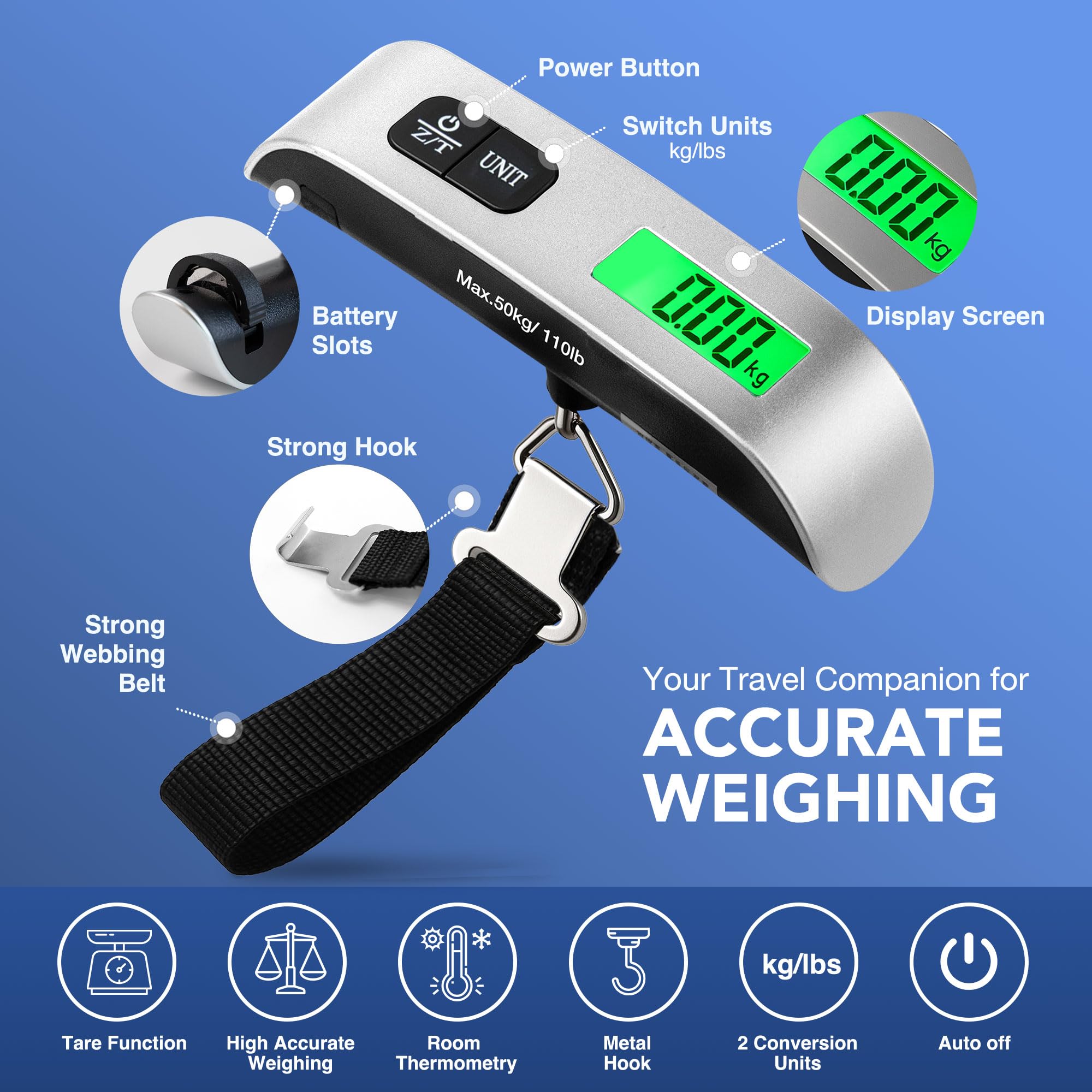 LUGG Digital Luggage Scale (50kg/110lbs Capacity), Portable Suitcase Weighing Scales, LCD Display, kg/lbs Conversion & Auto Shut-Off, Overweight Indicator, Battery Included, Lightweight Travel Scales — view 2