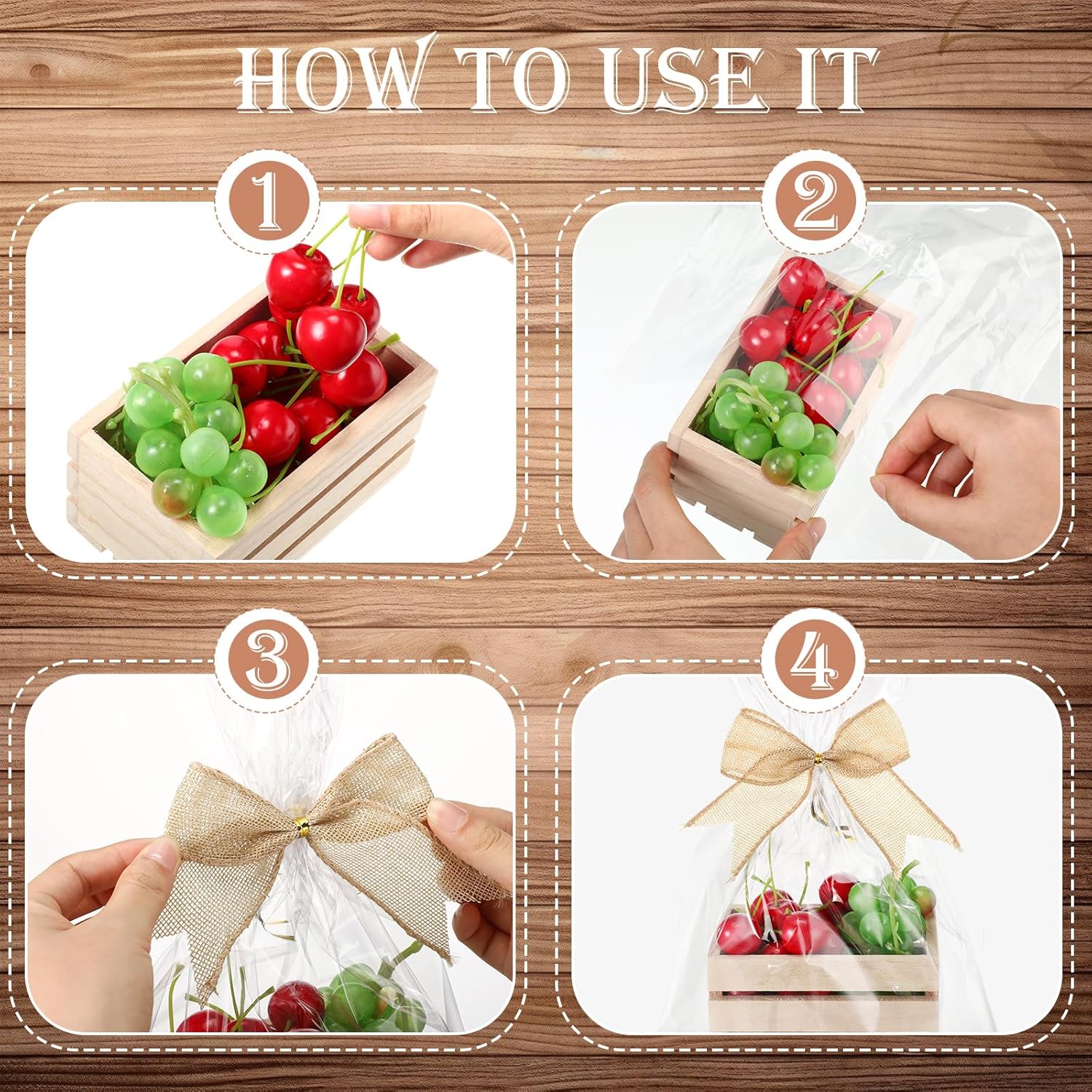 12 Pcs Baskets for Gifts Empty Kit Small Crates Unfinished Wooden Storage Box 12 Bows 12 Clear Treat Bags for Craft Gift Baskets Wedding Anniversaries Birthday Home Decor(Wood Color)