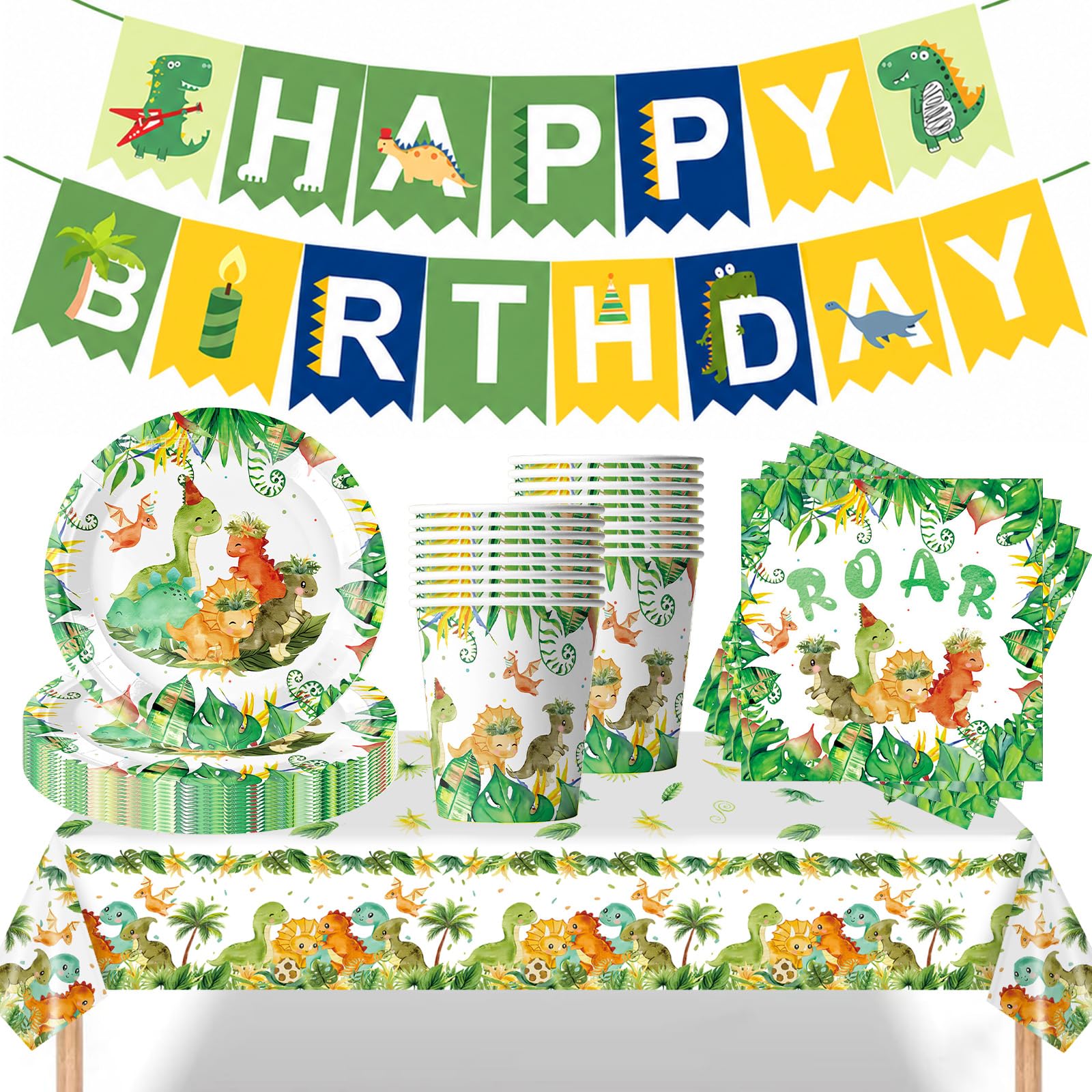 AURALIN Dinosaur Party Tableware Set for 16 Guests, Dino Birthday Party Supplies with 16 x 9 Inch Plates, 16 Paper Cups, 20 Napkins, 130x220cm Tablecloth and Banner, 54P