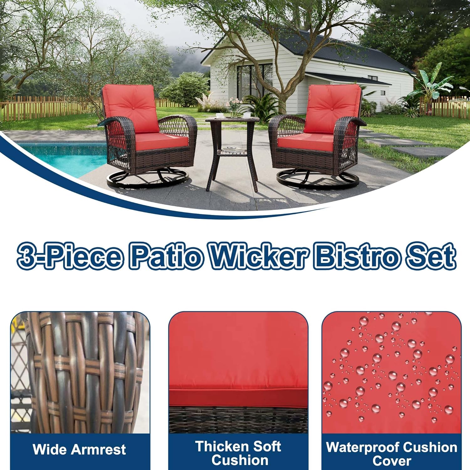 Swivel Rocker Patio Chairs Set of 2 with Side Table, 3 Pieces Patio Wicker Glider Chairs with Thickened Cushions, Outdoor Wicker Rocker Patio Chair Set for Balcony Front Porch Poolside Garden, Red