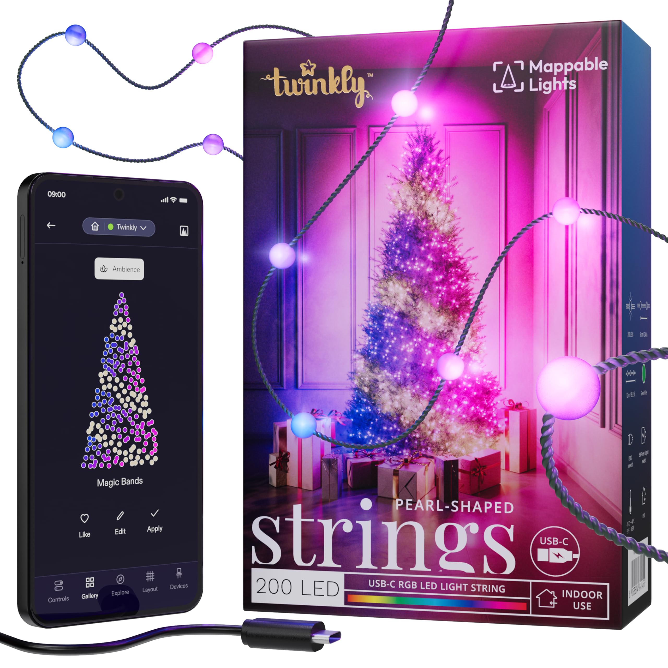 Strings Pearls 200 LEDs, Pearl Shaped String Lights, Multicolor RGB LED Wire, Compatible with Alexa, Google Home, Gaming Lights, USB C Powered, Green Wire, 2x6m
