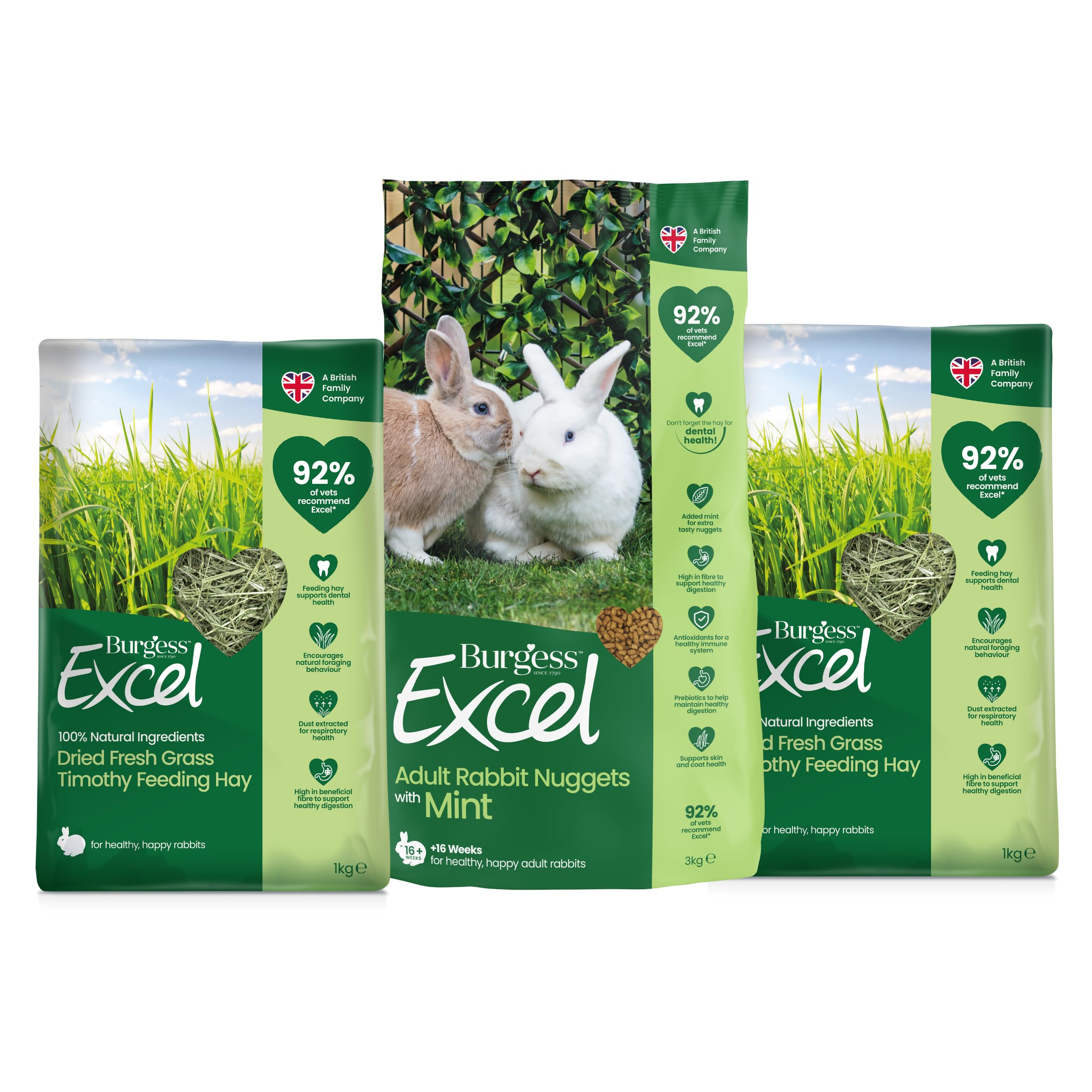 Burgess Excel Rabbit Food & Dried Fresh Grass Value Bundle - 3KG Nuggets & 2KG Dried Fresh Grass Feeding Hay for Adult Rabbits – Dust Extracted Hay & Mint Pellets