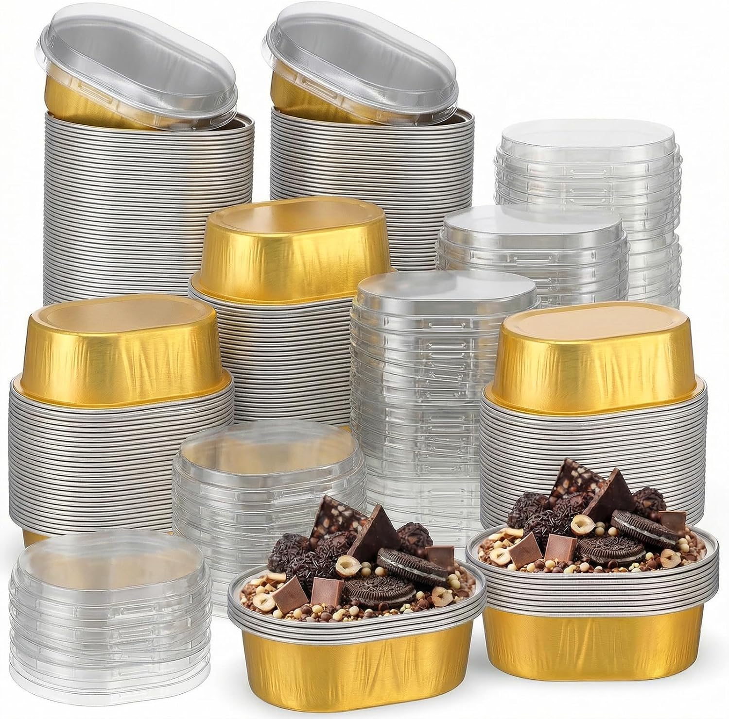 200 Pack Oval Gold Aluminum Baking Cups with Lids, 2 FL OZ Disposable Ramekins, Mini Pie Tins for Desserts, Creme Brulee, Pudding, Cupcakes, Muffins, and Party Catering