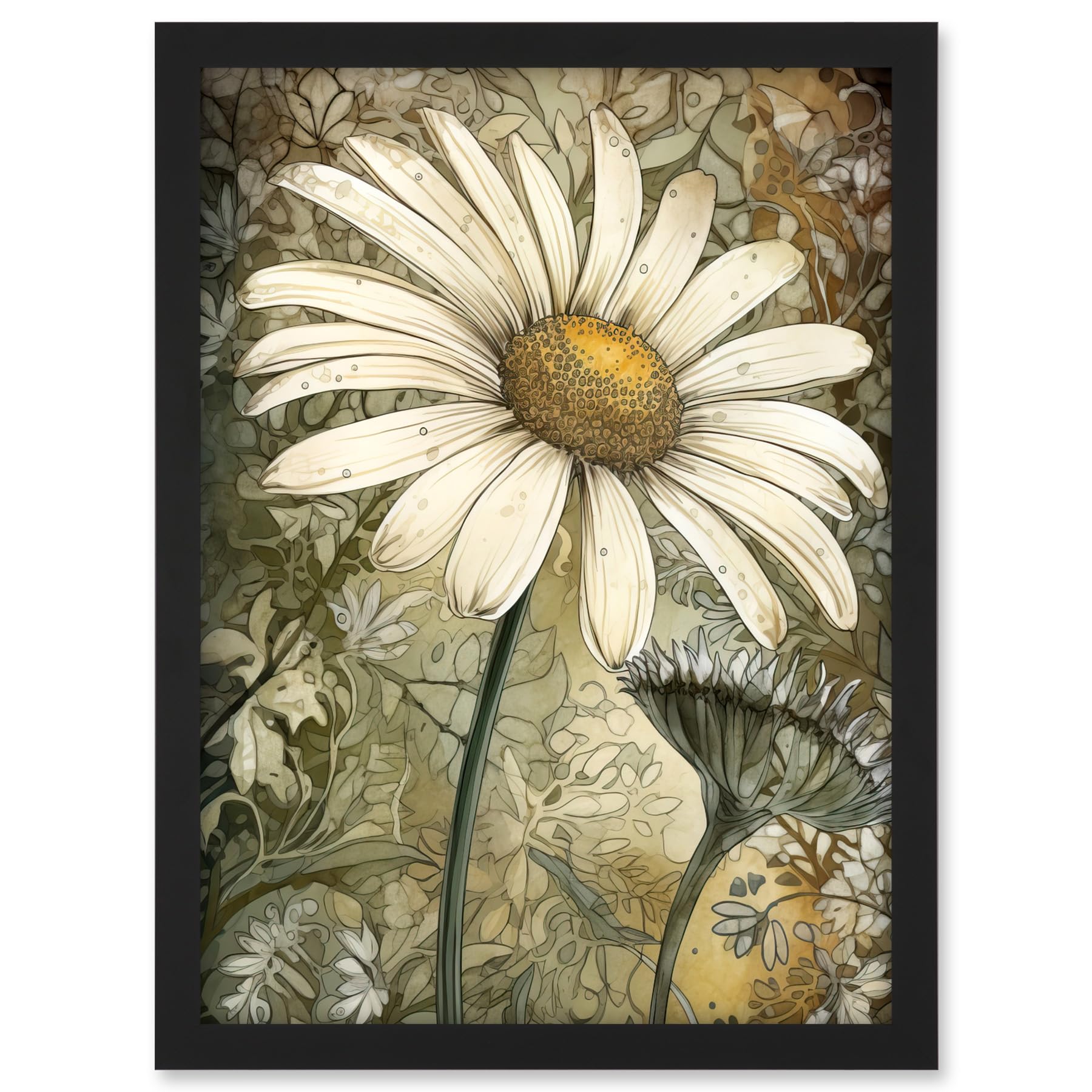 Artery8 Pastel Watercolour Daisy Flower Bloom Illustration Artwork Framed A3 Wall Art Print