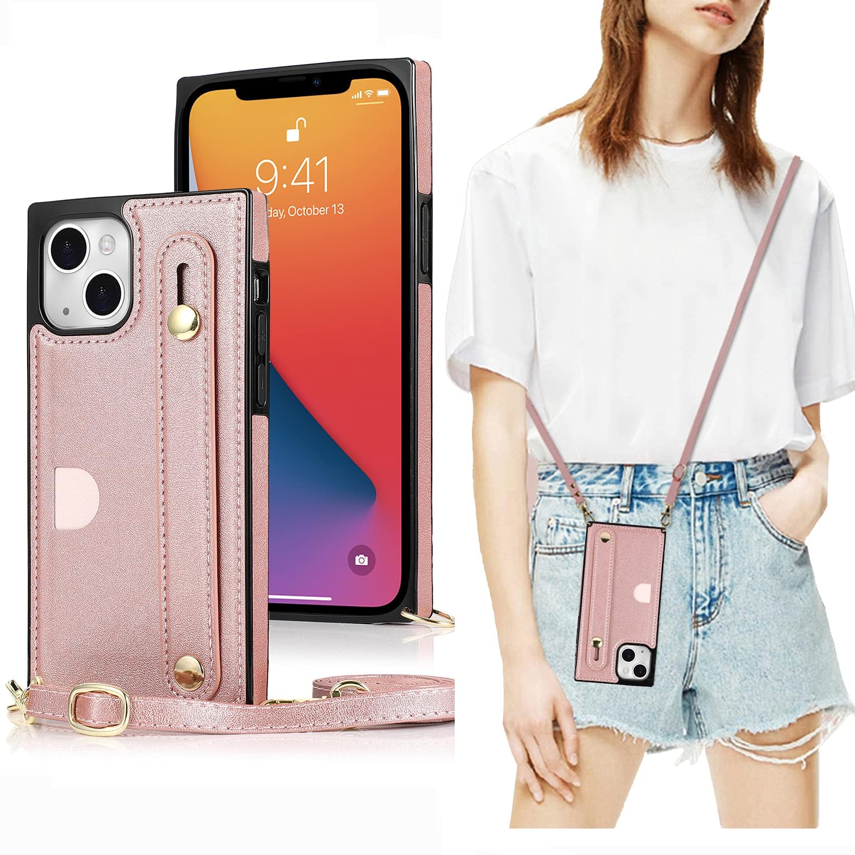 Photo 1 of DEFBSC Finger Strap Case with Lanyard for iPhone 13, PU Kickstand Case with Adjustable Crossbody Strap, Finger Strap and Card Slot Cover for iPhone 13-Rose Gold