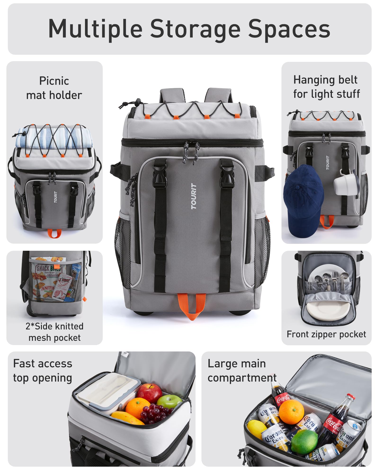 TOURIT Zaino refrigerante con ruote per 50 lattine, doppio fondo e doppio manico, borsa frigo portatile con ruote da donna, capacità 30 litri, dimensioni: 18" (15"+3") × 13" × 11"