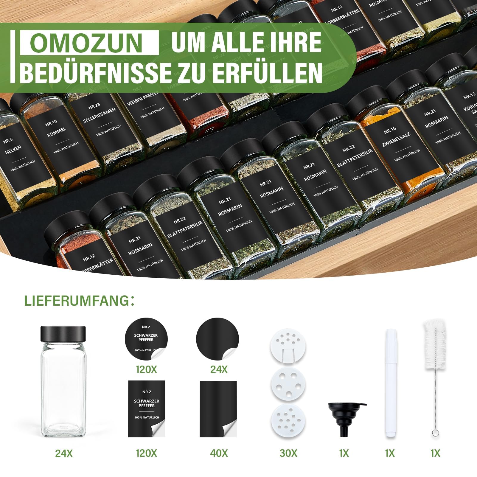 Lot de 24 pots à épices carrés avec étiquettes - En verre - 120 ml - Avec insert à saupoudrer - Étiquettes étanches - Rangement des épices pour le tiroir de cuisine - Noir