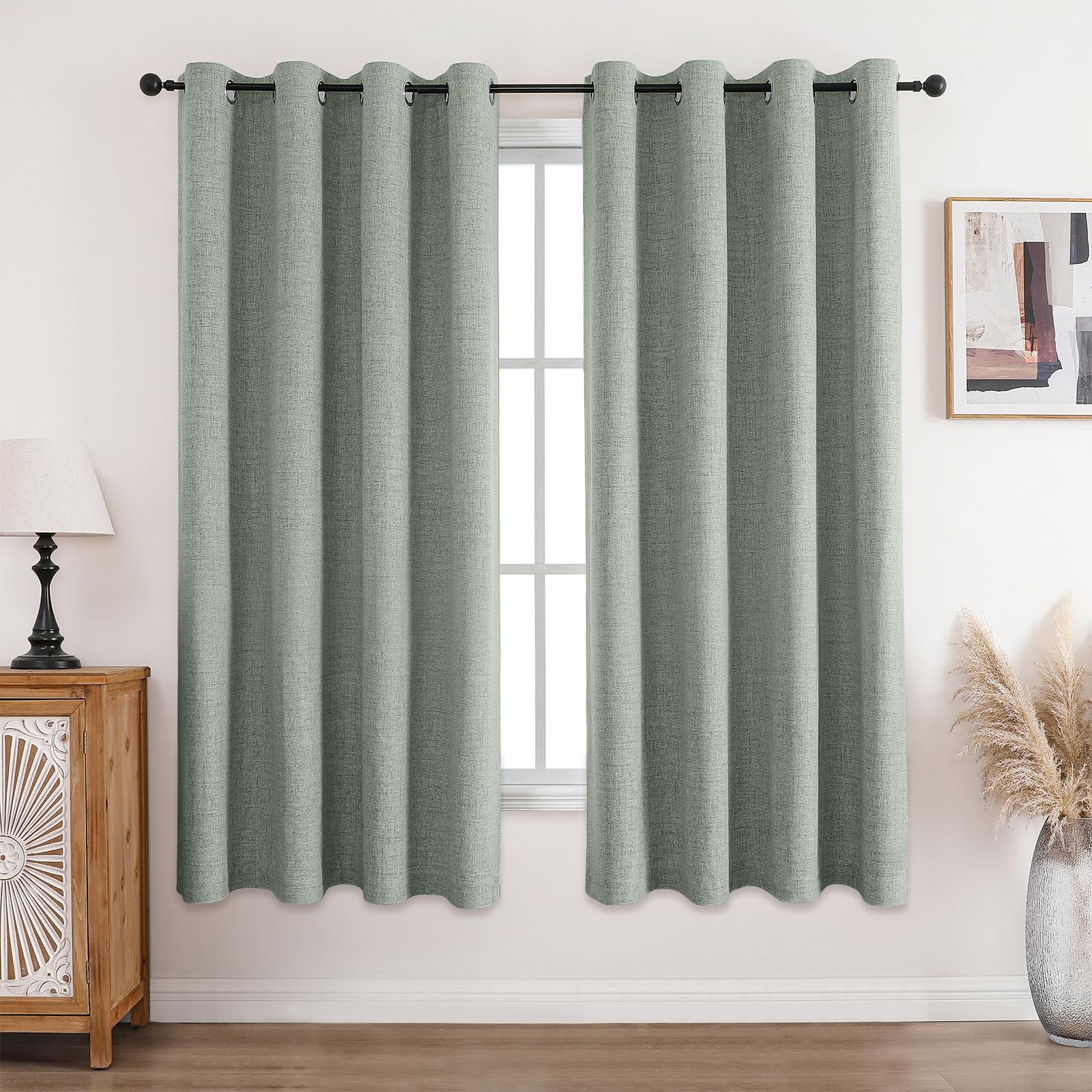 CUCRAF 100% Blackout Curtains Grayish green 72 Inch Drop 2 Panels Soft Texture Energy Saving Sun Blocking Thermal Eyelet Curtains for Bedroom Living Room 66 X 72 Inch