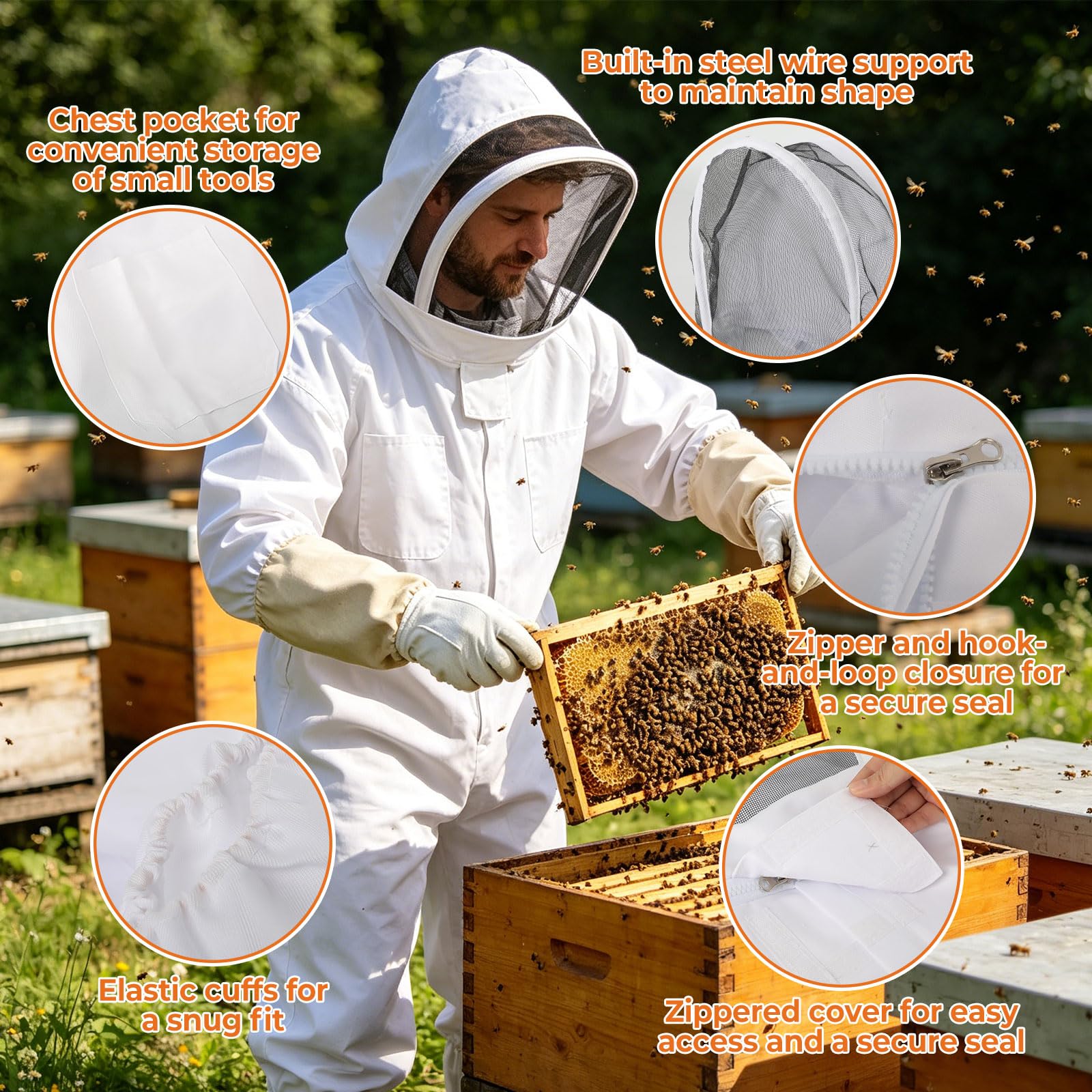 Imkeranzug mit Schleier Handschuhen und Bürste, Imker Ganzkörper Schutzanzug Unisex, Weiß Baumwoll Imker Kostüm für Berufsimker und Anfänger
