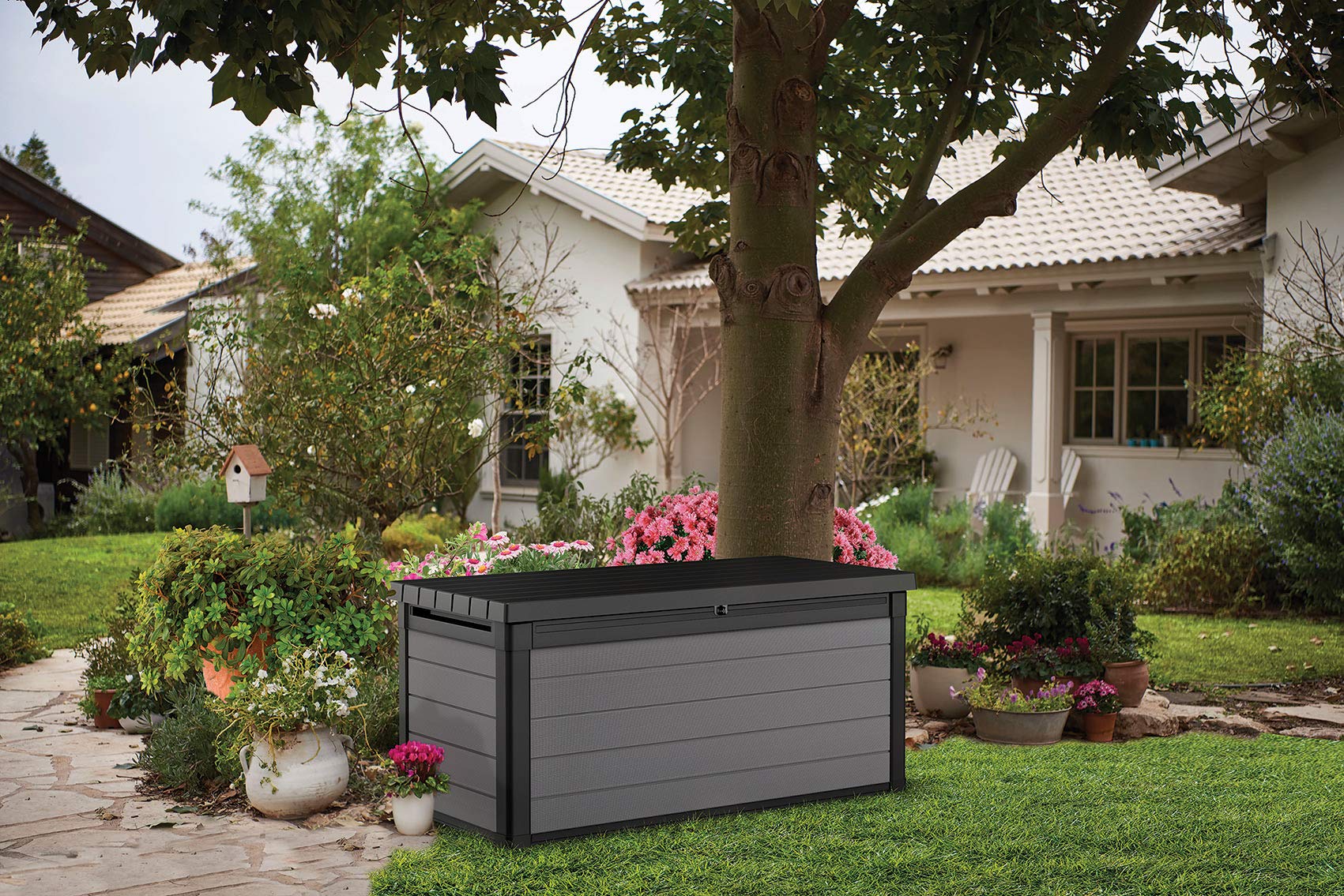 Ondis24 Keter Kissenbox Gartenbox XXL wasserdicht (570 Liter), Outdoor Auflagenbox, Premier Box, Sitztruhe, Kissentruhe Garten, Sitzbank