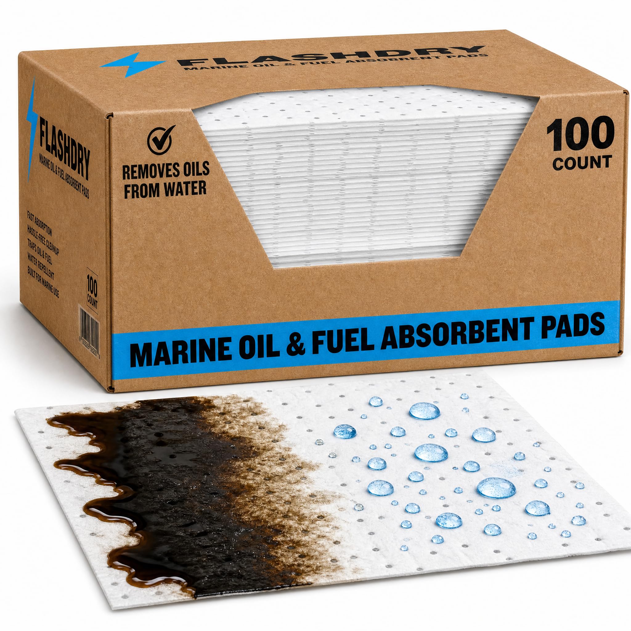 FLASHDRY Almohadillas absorbentes de Aceite Marino y derrames de Combustible – Caja de 100 Unidades, 17.5 x 13.5 Pulgadas, Repelente al Agua, Control eficaz de derrames, protección Marina, Alto