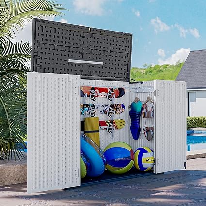 AOXUN Horizontal Storage Sheds 41 Cu.ft, HDPE Outdoor Storage Cabinet, Waterproof Lockable Resin Shed with Spring-Assisted Lid, Patio Storage for Garden, Pool, Cushions, Tools, White