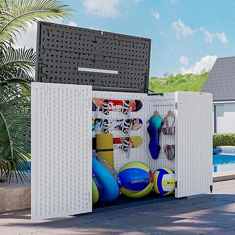 AOXUN Horizontal Storage Sheds 41 Cu.ft, HDPE Outdoor Storage Cabinet, Waterproof Lockable Resin Shed with Spring-Assisted Lid, Patio Storage for Garden, Pool, Cushions, Tools, White