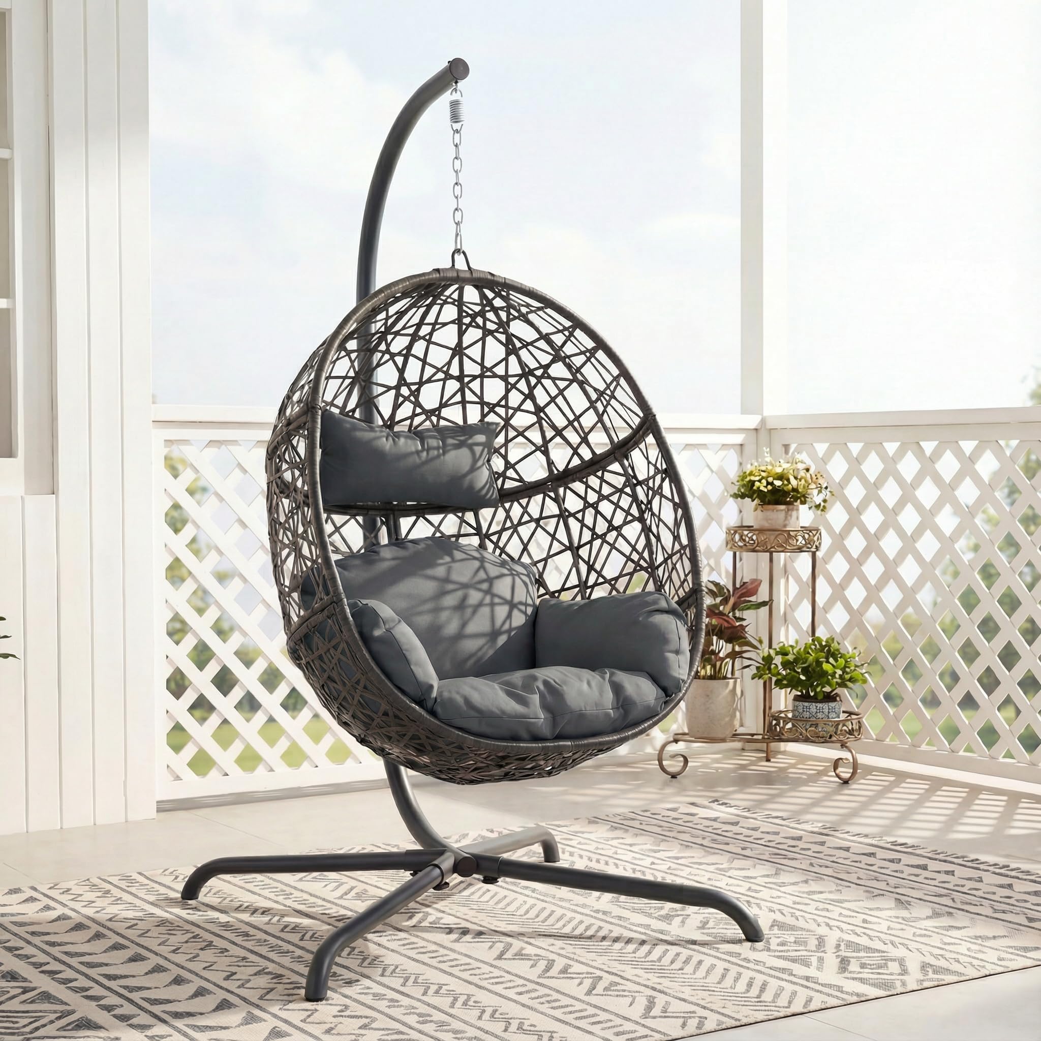 NICESOUL Bird Cage Swing Egg Chair, UV/Water-Resistant 450lbs Capacity Wicker Swinging Chairs with Stand, Comfy Oversized Hanging Seat w/Cushion,