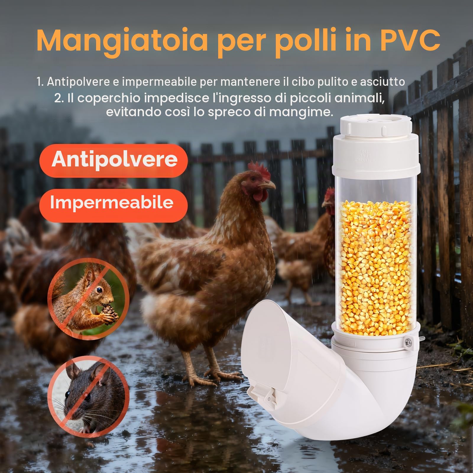 Mangiatoia Automatica per Polli, Tubo in Pvc da 4 Litri Alimentatore per Pollame Visibile e Senza Sprechi per Polli, Anatre, Tacchini e Oche