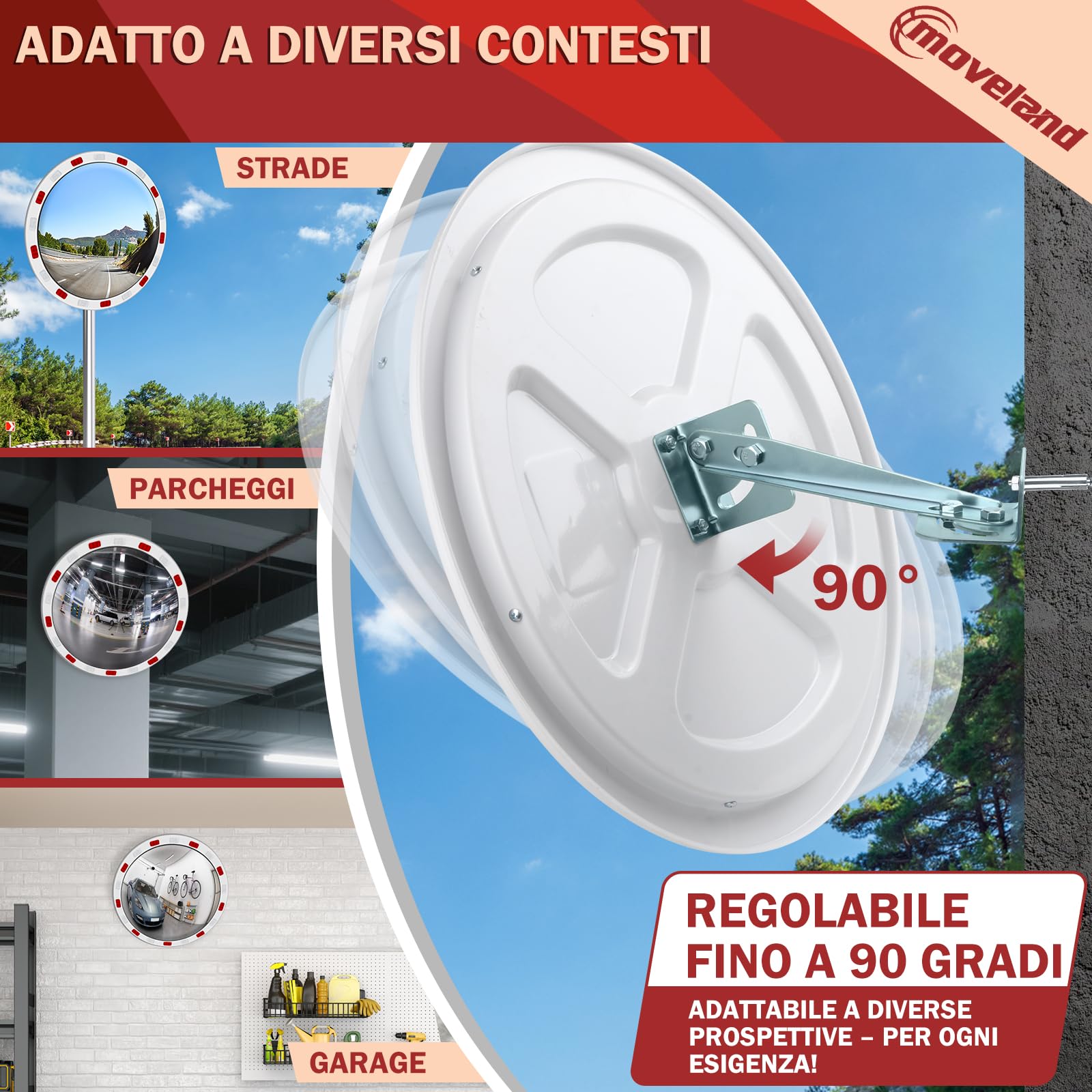 moveland 45 CM Specchio Stradale – Specchio Da Strada Acrilico Professionale: Supporto Regolabile, Facile Da Montare, Resistente Alle Intemperie E Ampio Angolo Di Visione, Ideale Per Vialetti