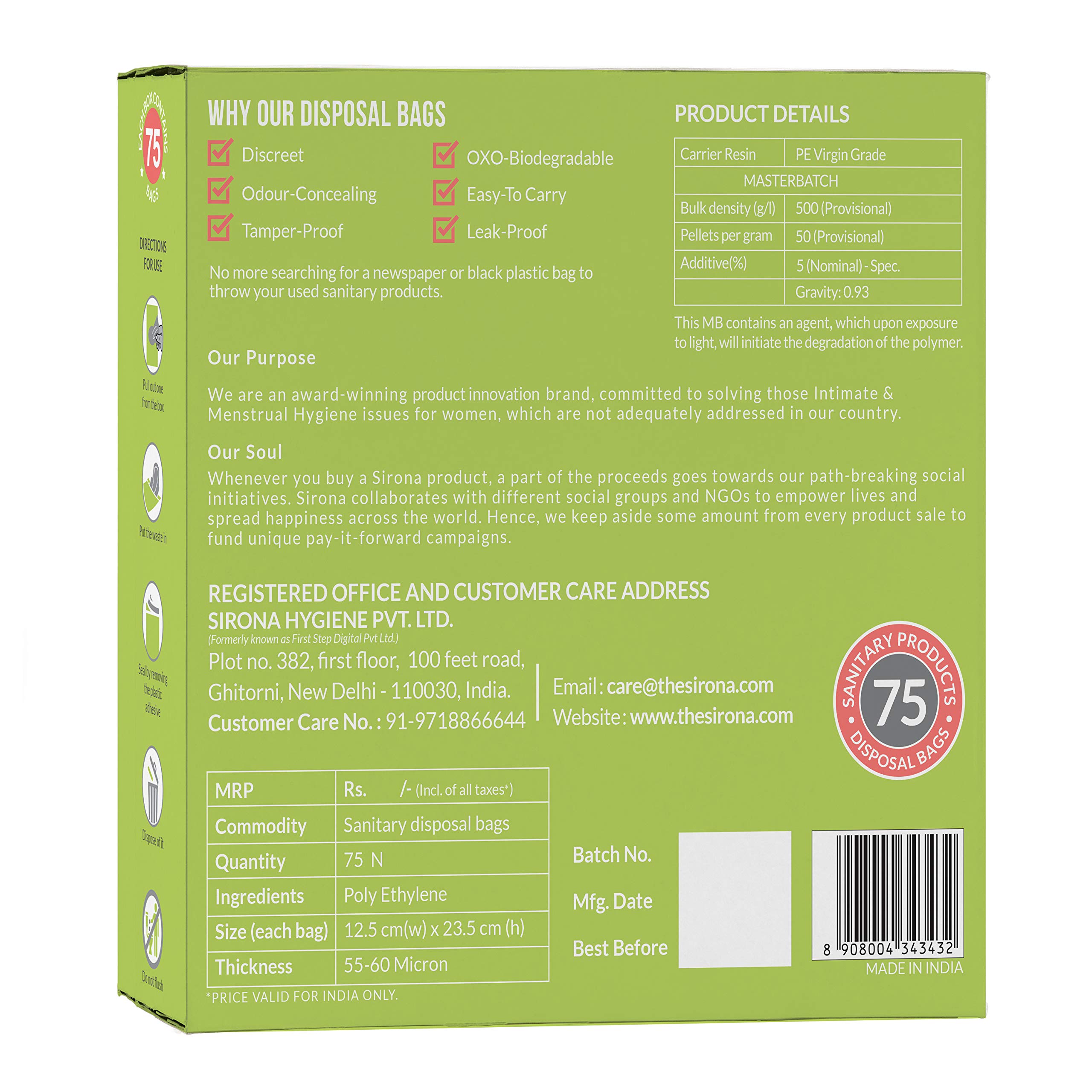 Sirona Sanitary Disposable Bags 75 Bags for Discreet Disposal of Tampons, Condoms, Diaper