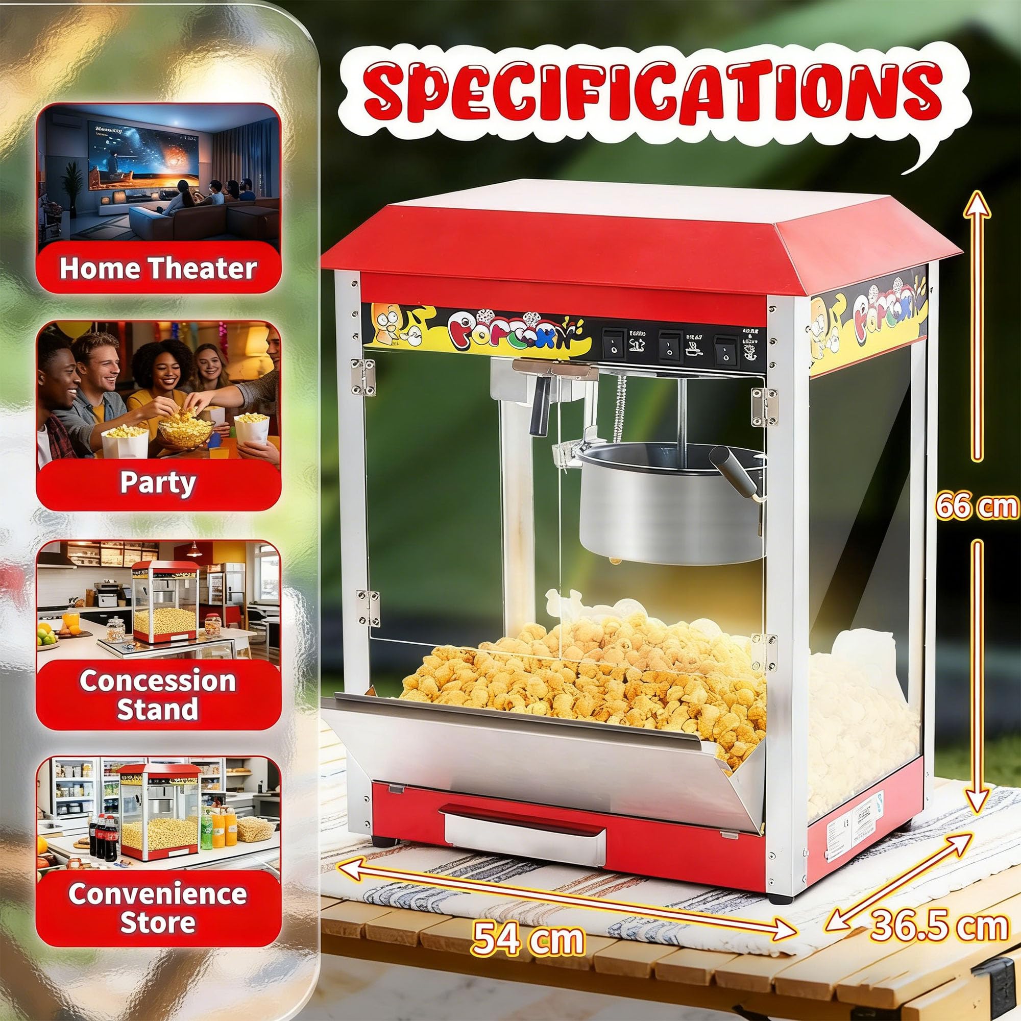 Machine à Popcorn Classique à Poser, Appareil à Pop-corn de Comptoir Électrique 1300 W, Il peut Produire 60 Tasses de Pop-corn à la fois, pour soirée cinéma