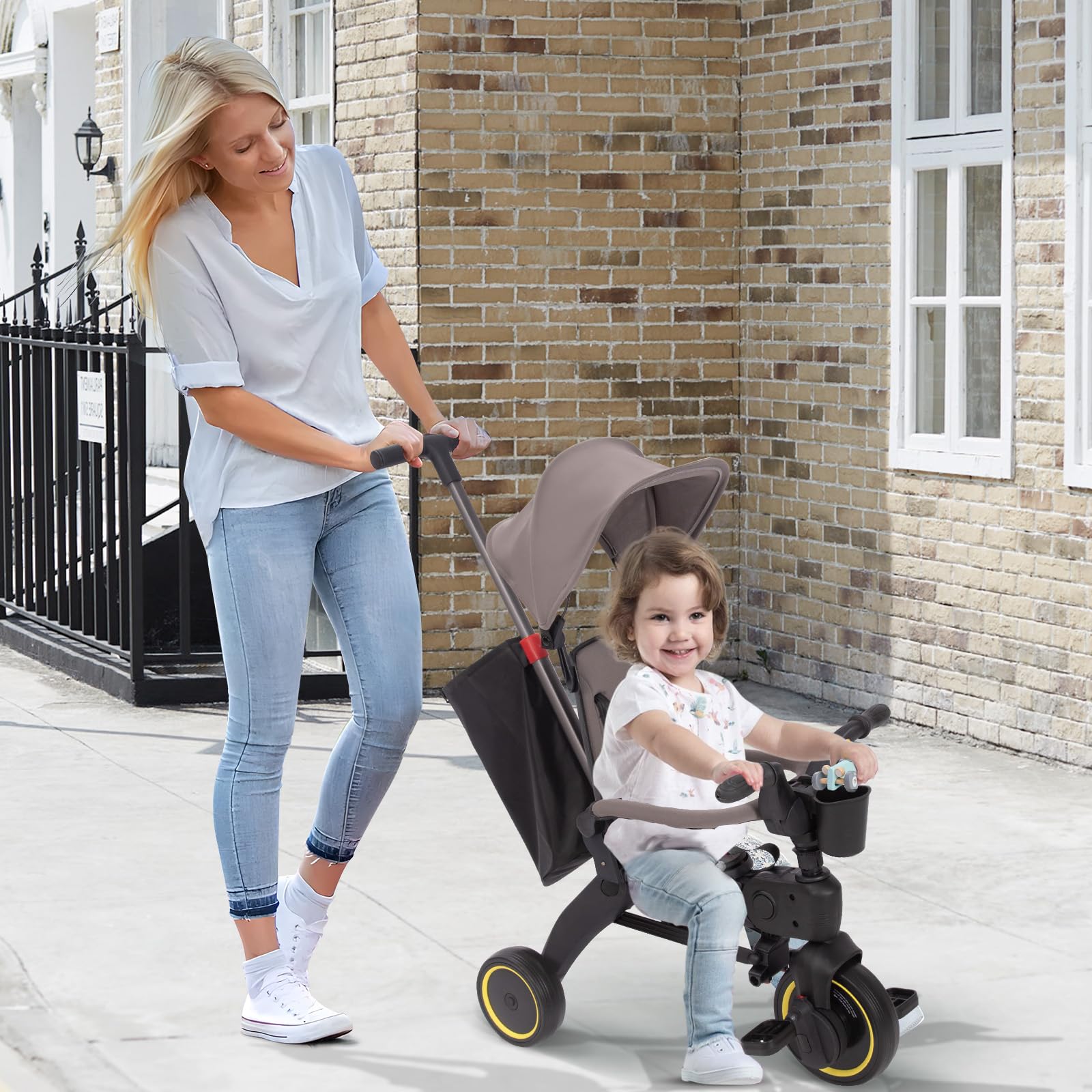 One Wheel 5-in-1 Foldable Baby Tricycle With Canopy Push Handle