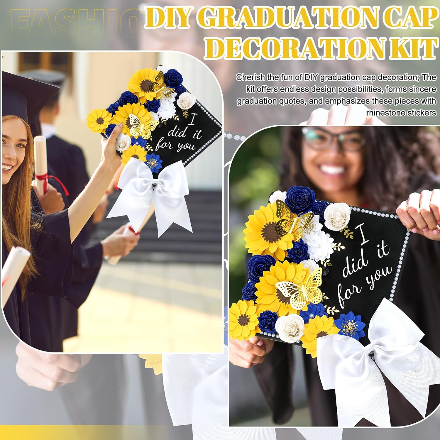 Thiccywoov 36 Pcs DIY Graduation Cap Decorations Kit, 3D Artificial Flowers Butterfly Stickers Rhinestones Letter Number Decals Golden Leaves White Bow for 2026 Grad Cap Decorations Party Supplies
