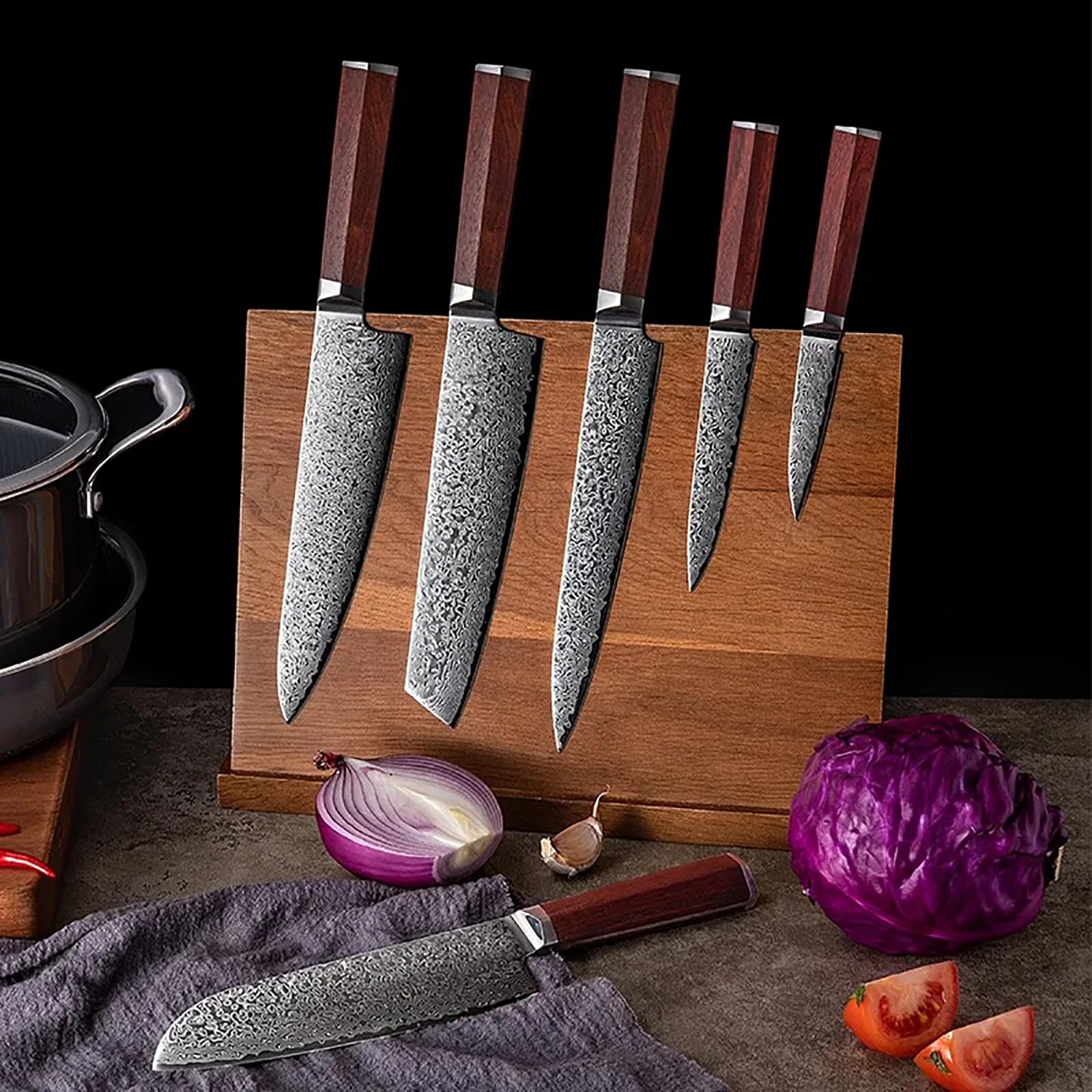 Damascus Steel Knife Set ZILNEHZ 7 PCS Knife Block Set Kitchen Utensils Set Rosewood Handle Knives Set for