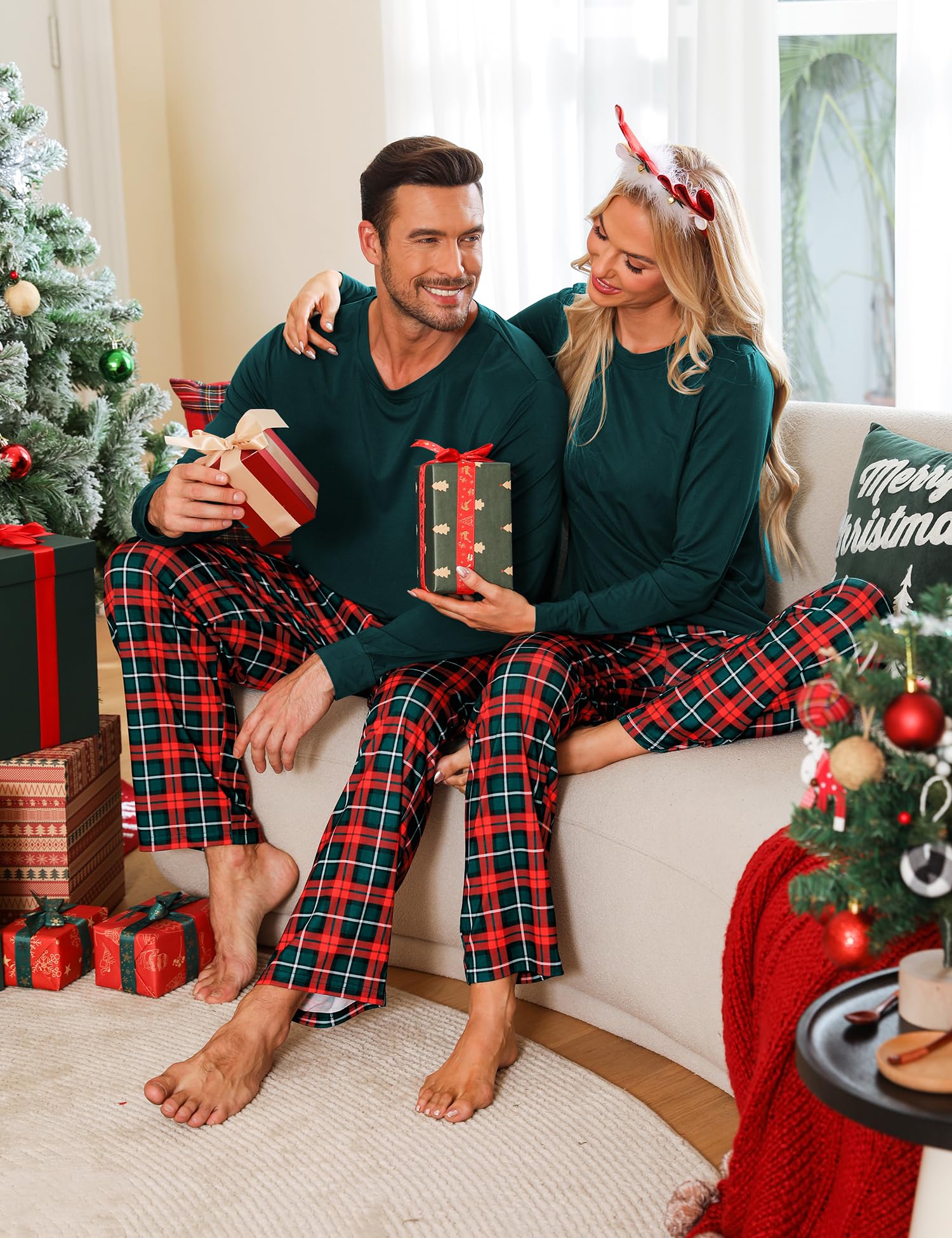 LecGee Pijamas de Navidad a juego para parejas, de manga larga, ropa de dormir familiar, para mujeres y hombres, pijamas a cuadros con bolsillos