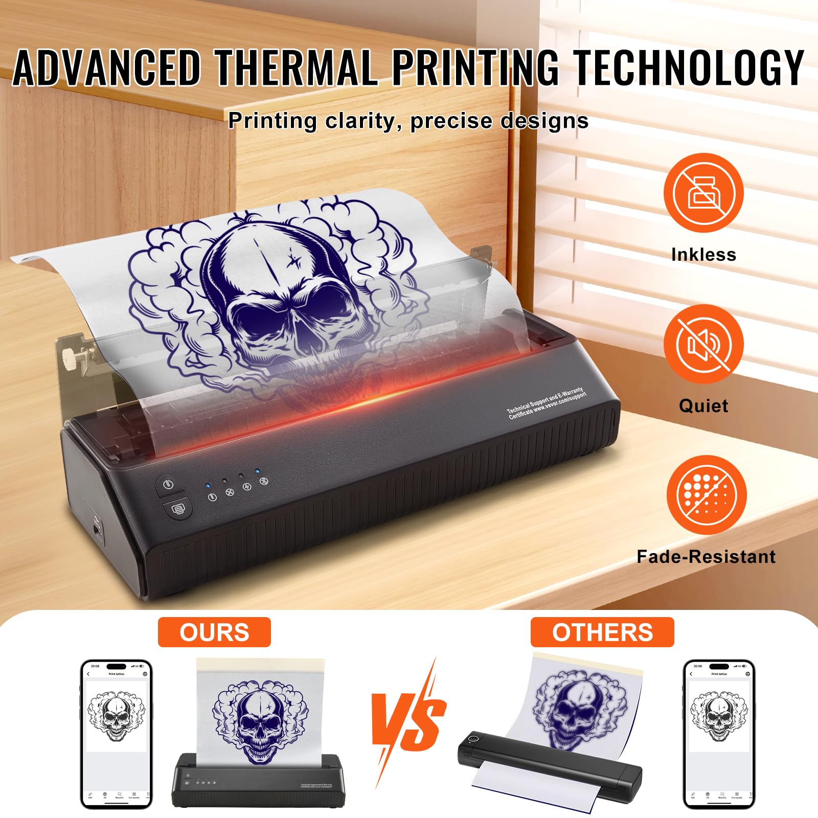 VEVOR Thermocopieur Tatouage sans Fil Bluetooth, Imprimante Tatouage avec 10 Papiers, Machine Transfert Tatouage iOS Android iPad PC