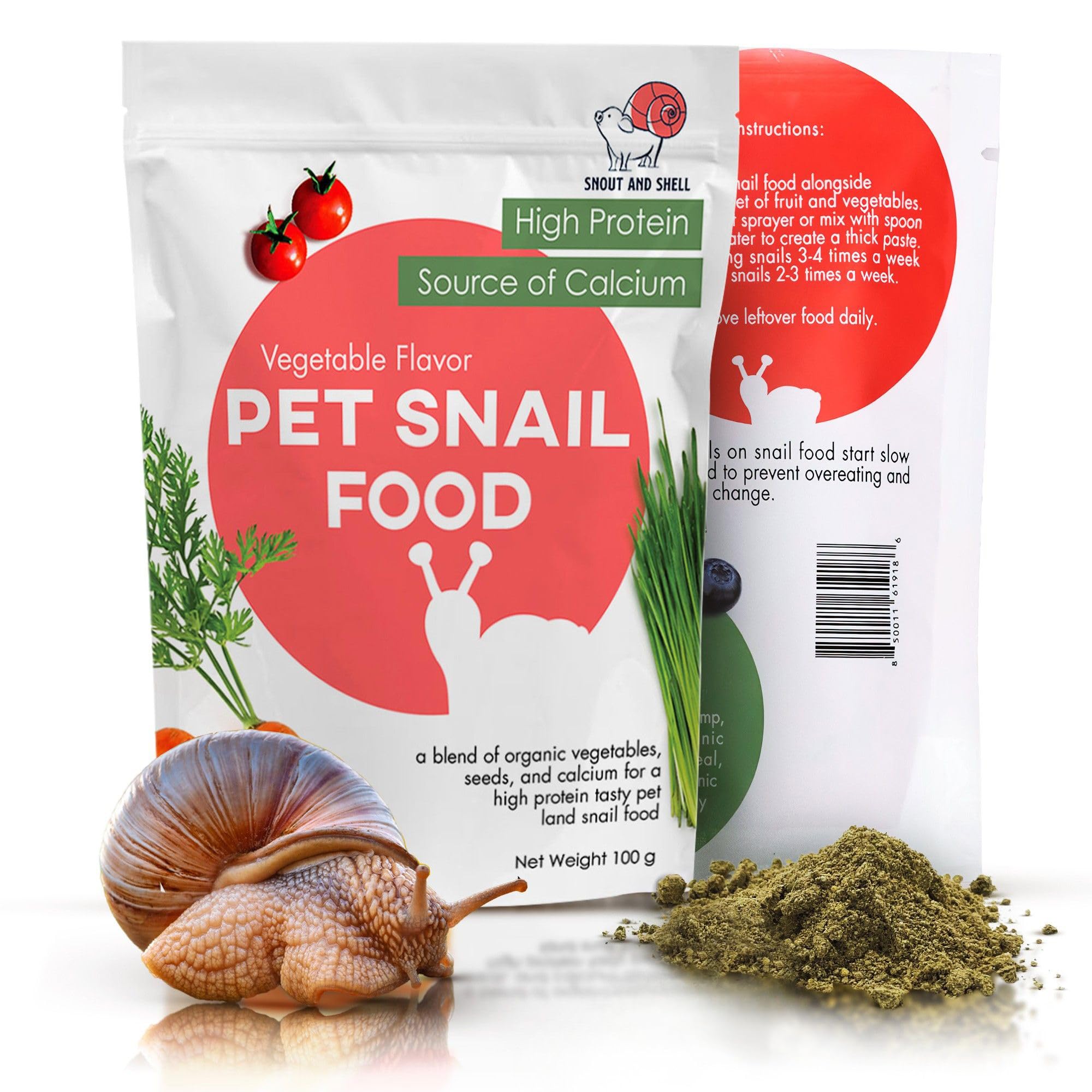 Snout & Shell Vegetable Flavored Pet Land Snail Food - Tasty High-Protein, Calcium Blend for Snails, Easy Addition to Your Garden Snails Terrarium or Snail Habitat