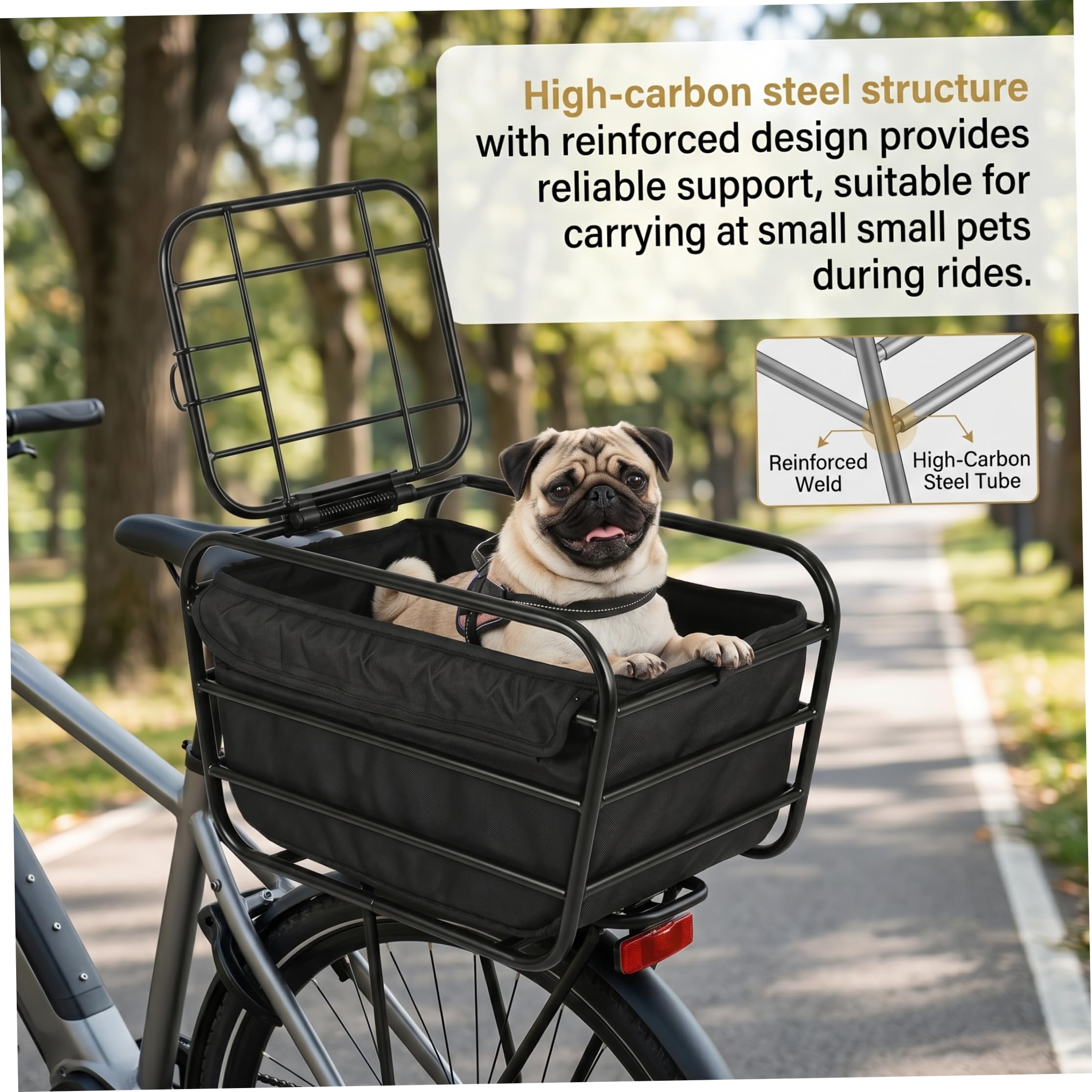 Panier de vélo pour Chien, Porte-vélo arrière pour Chien, Panier Robuste en Acier à Haute teneur en Carbone avec Doublure Souple pour Animaux de Moins 6 LB,