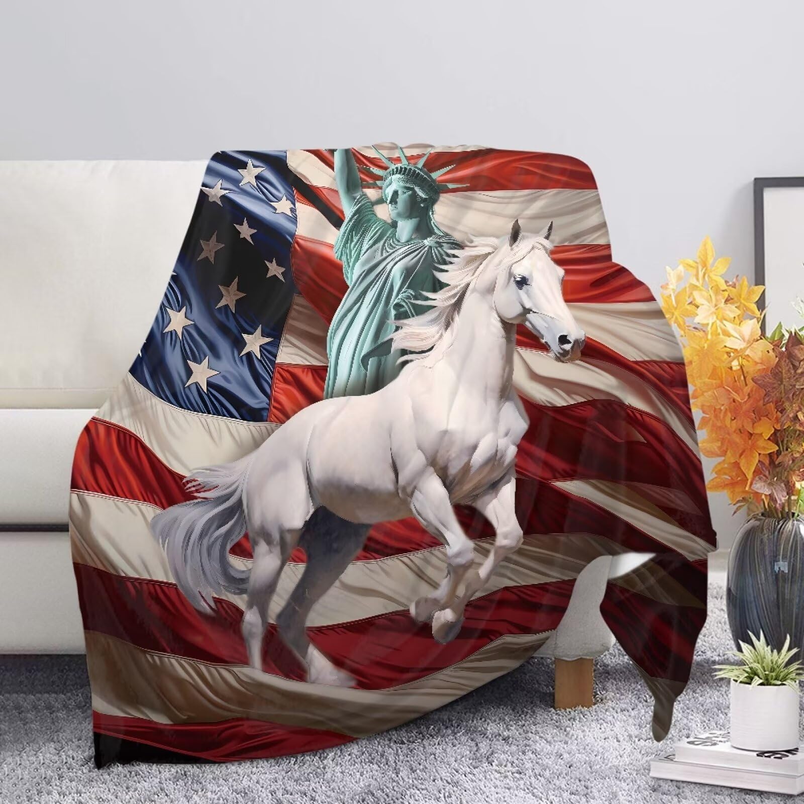Allcute American Flag Horse The Statue Of Liberty Blanket Print Sofa Throws for Winter Fall Throw Blanket Red Lightweight Warm Flannel Fluffy Blankets for Couch Bed Living Room Decor — image 1