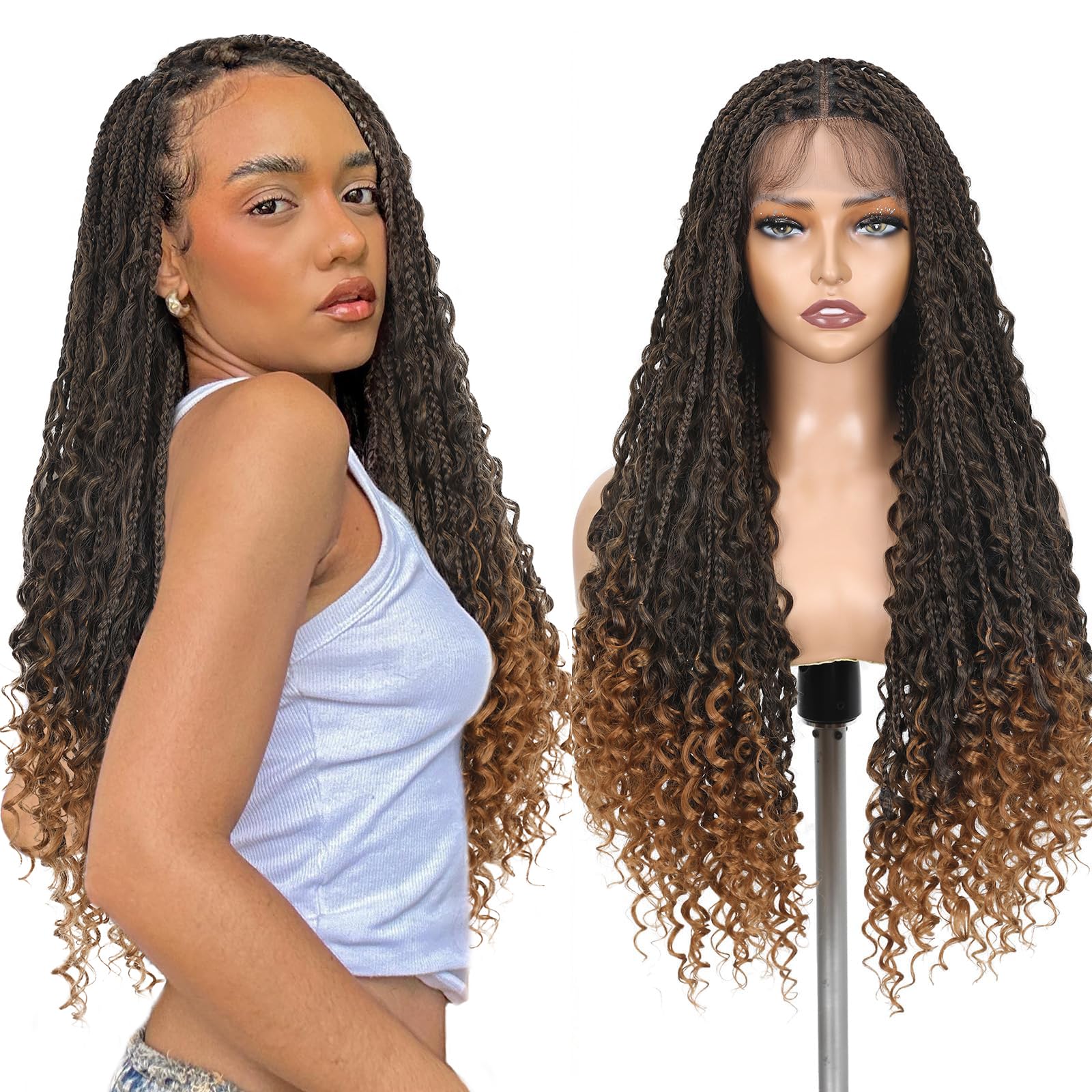 Lady Miranda Braided Wigs for Black Women Lace Front Knotless Boho Box Braided Wig with Curly Ends Full Lace Frontal Square Knotless Goddess Bohemian