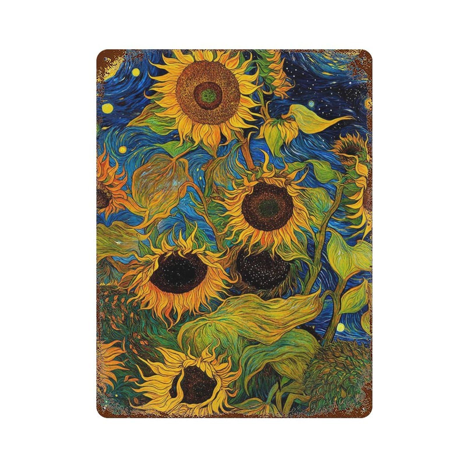 Sunflower Night Sky Art Print Rusty Metal Tin Sign 15.7"x11.8", Ideal for Office, Studio And Wall Decor