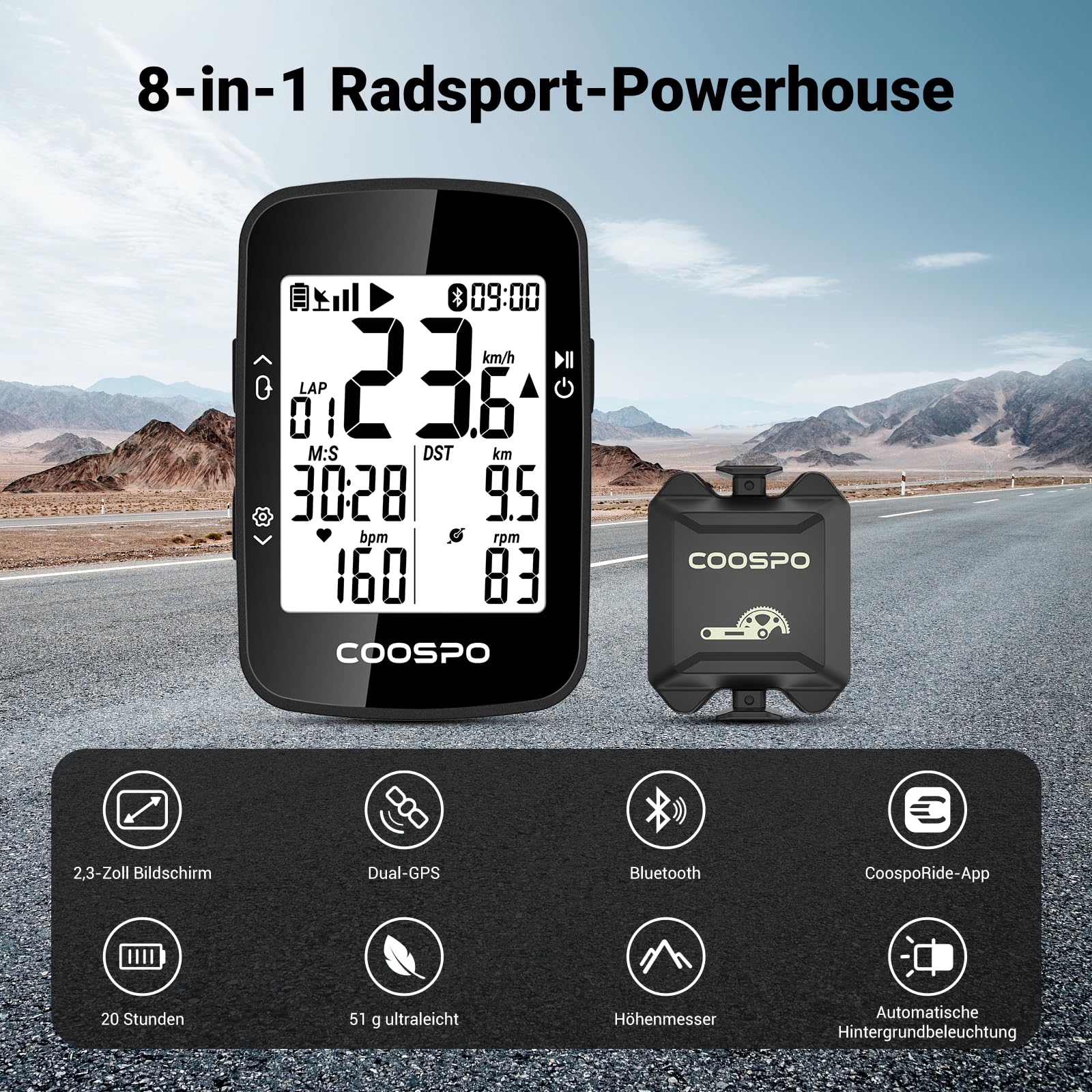 COOSPO BC26 GPS Fahrradcomputer Bluetooth 5.0 Wireless Fahrradcomputer Wasserdicht GPS Tachometer 2,3 Zoll Bildschirm mit automatischer Hintergrundbeleuchtung