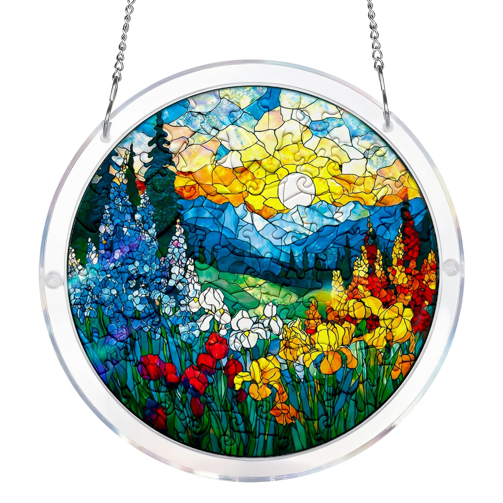 Acrylic Jigsaw Puzzle Suncatcher, Pastoral Landscape Sun Catchers for Windows, Unique DIY Garden Ornament Outdoor, Colorful Hanging Decoration for Garden, Fence and Home
