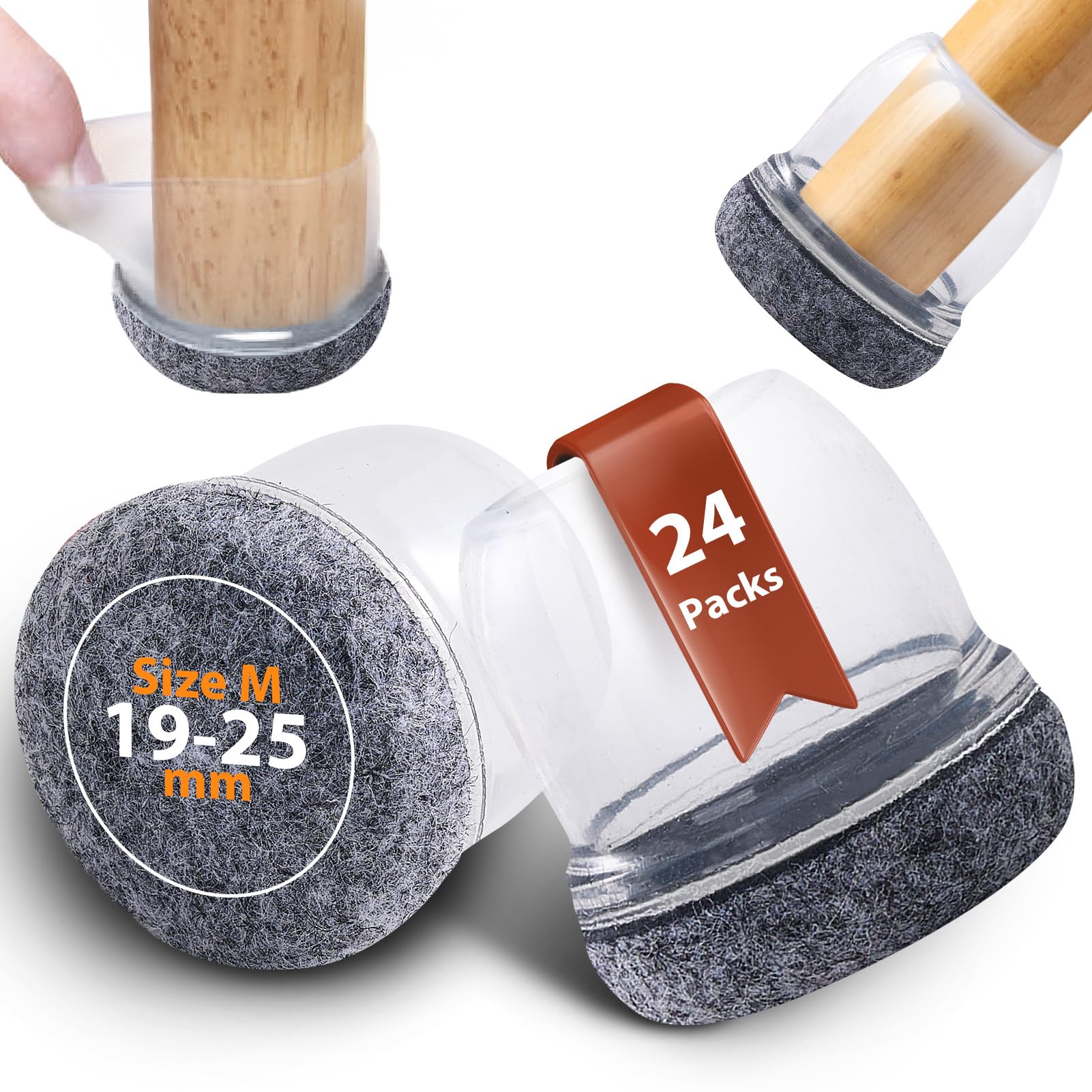 Seaforie Chair Leg Caps Floor Protectors 24 Pack, 19-25mm Adjustable Diameter Round Chair Leg Protectors with 360° Felt Pad