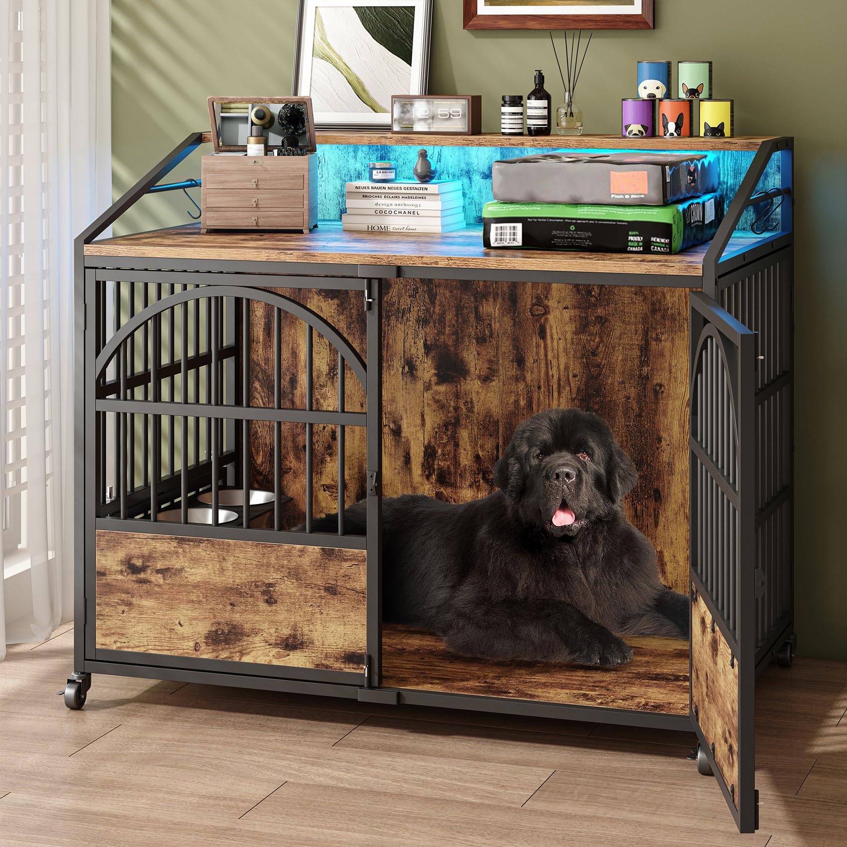 44 Inch Heavy Duty Dog Crate Furniture with 3 Doors, Dog Kennel with 360° Stainless Steel Bowls, Lockable Wheels, Wood Dog Cage End Table with Led