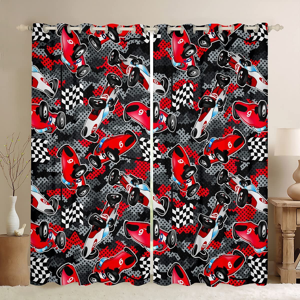 Homemissing Speed Sports Car Curtains Red Race Car Window Curtains for Bedroom Living Room for Kids Boys Girls Automobile Extreme Sport Window Drapes Camouflage Window Curtains W52*L63