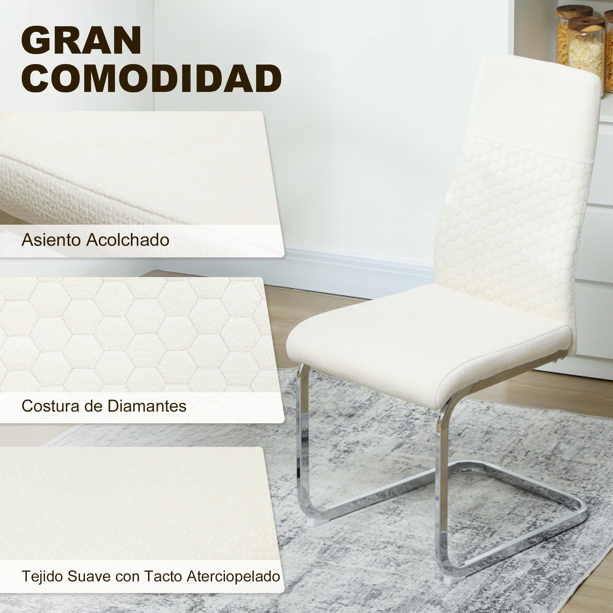 HOMCOM Juego de 4 Sillas de Comedor Asiento y Respaldo Acolchado Crema | Sillas de Cocina, Tapizado en Terciopelo, Patas de Acero, para Oficina, Conferencia, Sala de Estar