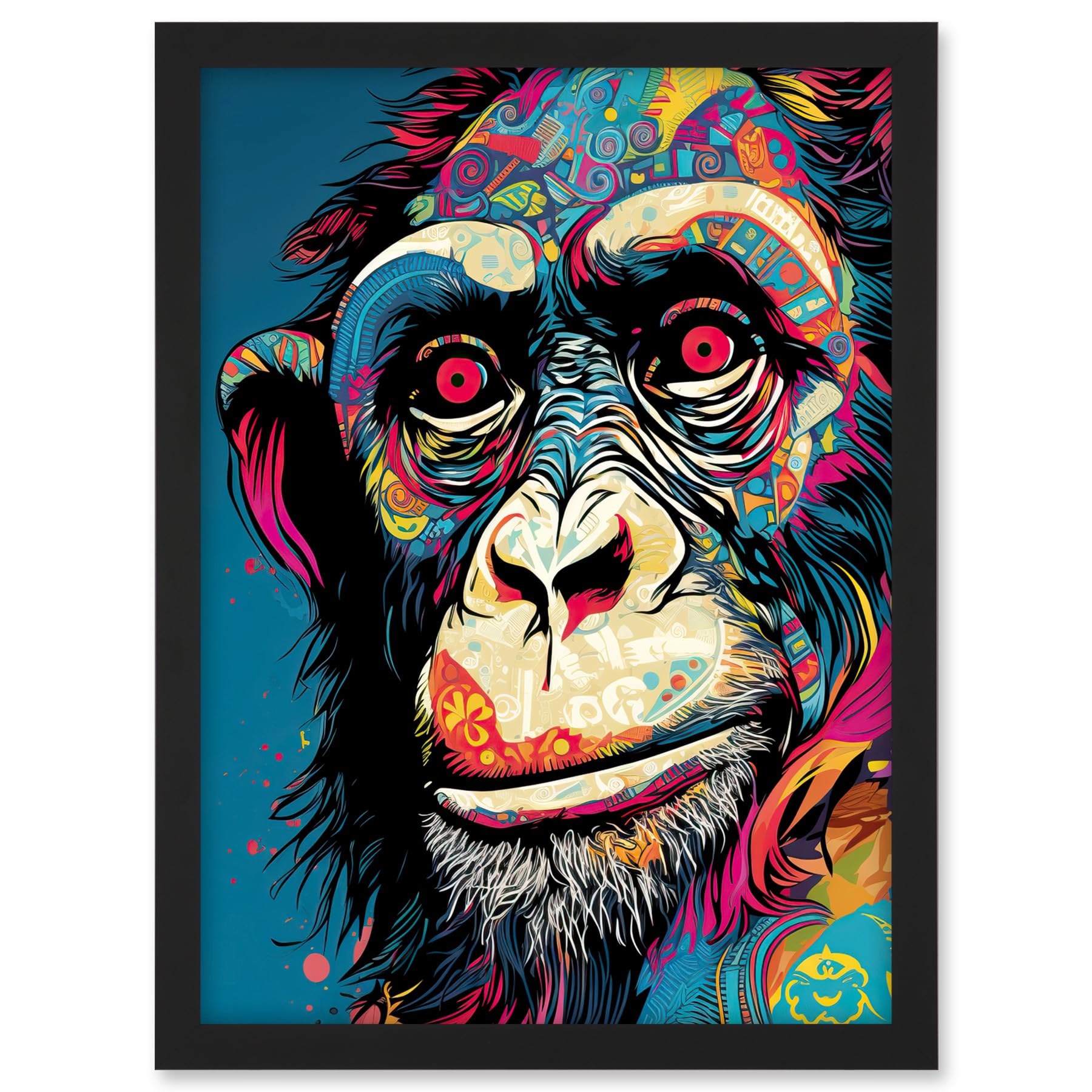Artery8 Chimpanzee Acrylic Painting Vibrant Psychedelic Pattern Portrait Modern Artwork Framed A3 Wall Art Print