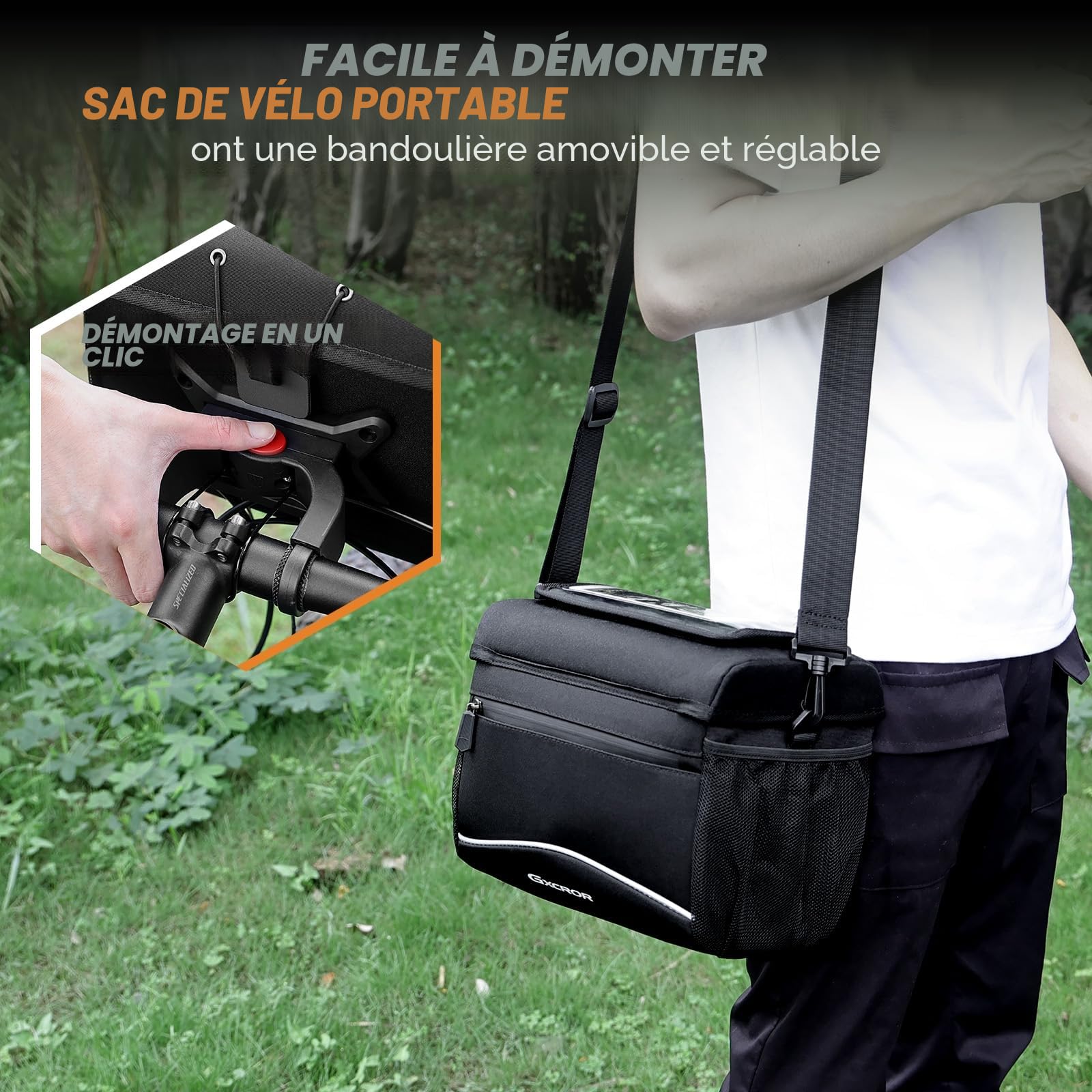 GXCROR 8L Sacoche de vélo, sacoche de guidon de vélo, sacoche de guidon, avec adaptateur de guidon, écran tactile, bandoulière, panier avant pour vélo électrique