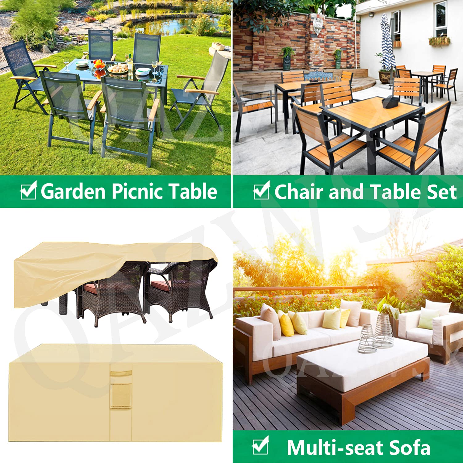 Copertura impermeabile per mobili da giardino in tessuto Oxford 420D, resistente, rettangolare, rettangolare, quadrato, antivento, anti UV, beige, 200 x 160 x 70 cm