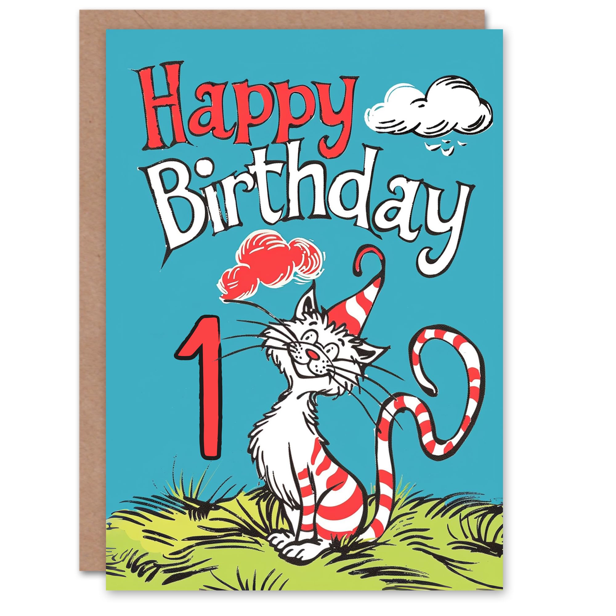 Artery8 Birthday Card Cat Lover Red Stripes Hat Kitty Strange Fun 1st First One Year Old For Child Kids Son Daughter Greeting Card