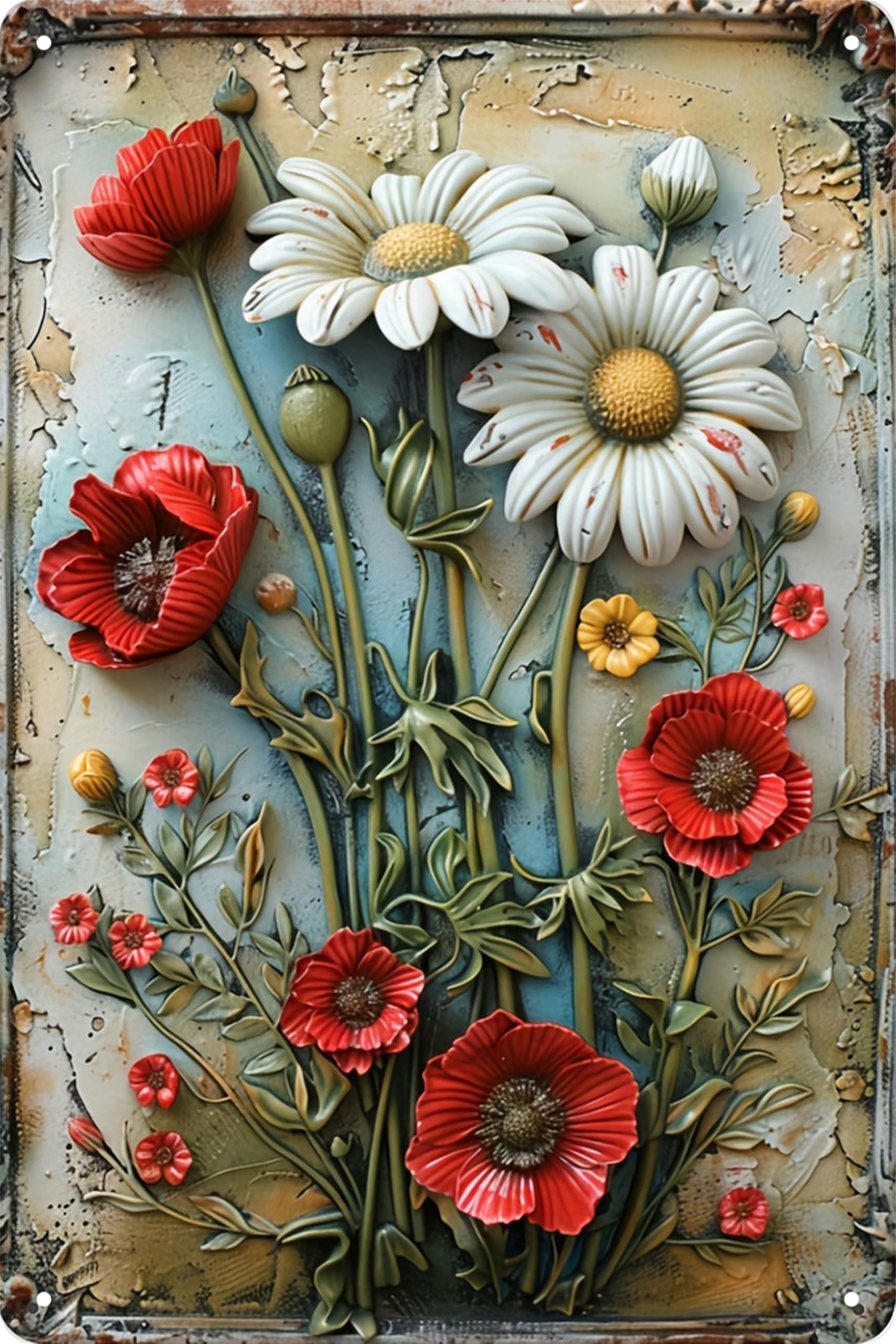 Vintage Flower Tin Sign,Retro Floral Metal Sign,Bouquet Design for French country style,Bathrooms,Gardens, Farmhouses and Cafes wall decoration 8×12Inch (Floral-07)