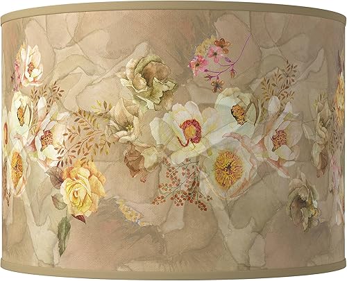 Pantalla de lámpara con impresión de tambor giclée de tapa dura, color marrón en aerosol floral, tamaño mediano, 15.5 pulgadas superior x 15.5