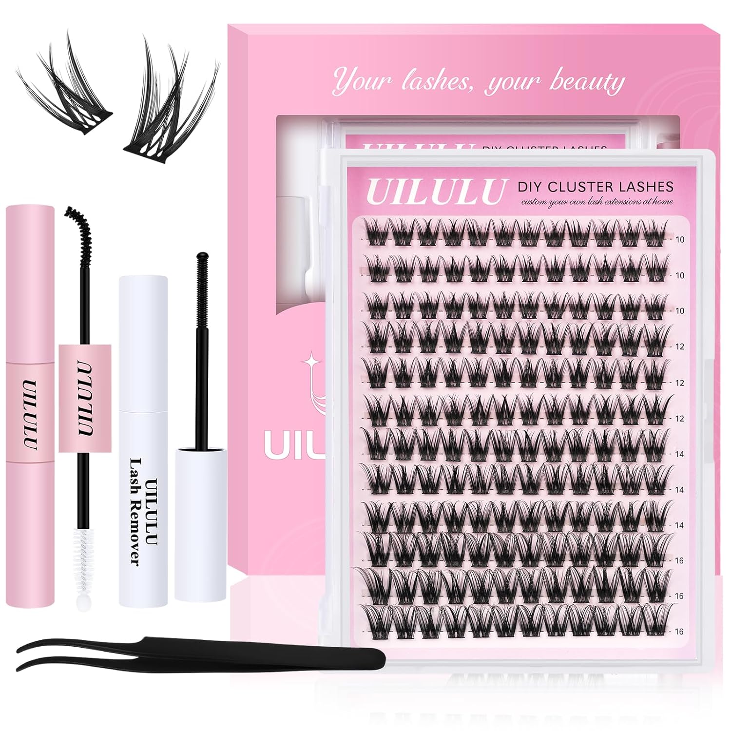 UILULU Lash Clusters Kit 144 Individual Clusters False Eyelashes, DIY Cluster Eye Lash Extensions Set with Bond & Seal, Remover, Tweezers, Fake Eyelash D Curl-0.07-10-16MM(U25 Lash Kit)