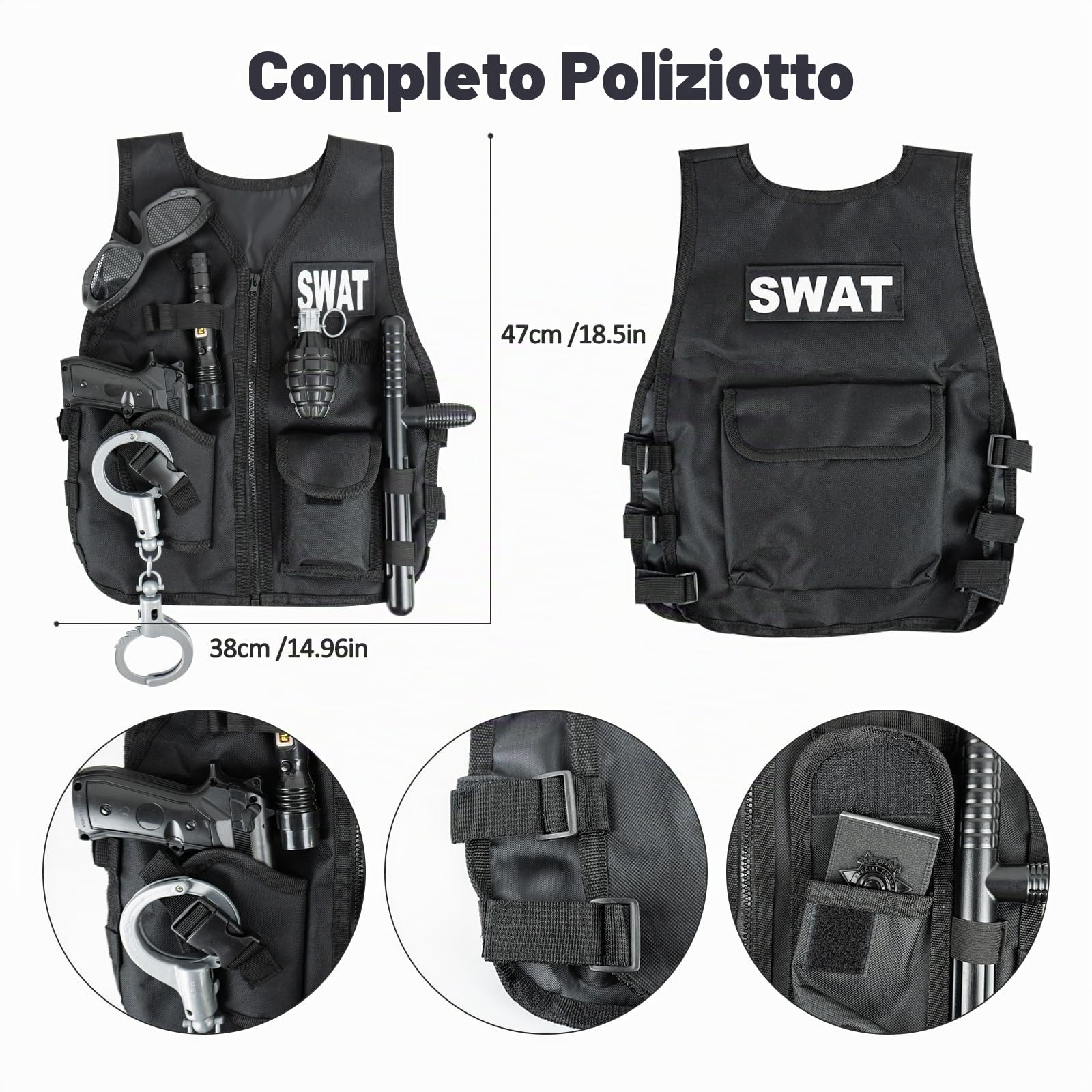 RedCrab Costume Polizia Bambino con Elmetto, Gilet, Manette, Walkie Talkie, Telescopi e altri Accessori, Gioco di Ruolo da Set Poliziotto per Bambini Ragazzi Carnevale Halloween
