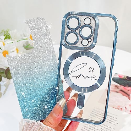 Vista 441 de Fiyart - Funda transparente magnética con purpurina para iPhone 12 para mujeres, con grabado "Love" metálico, protección para cámara y antigolpes