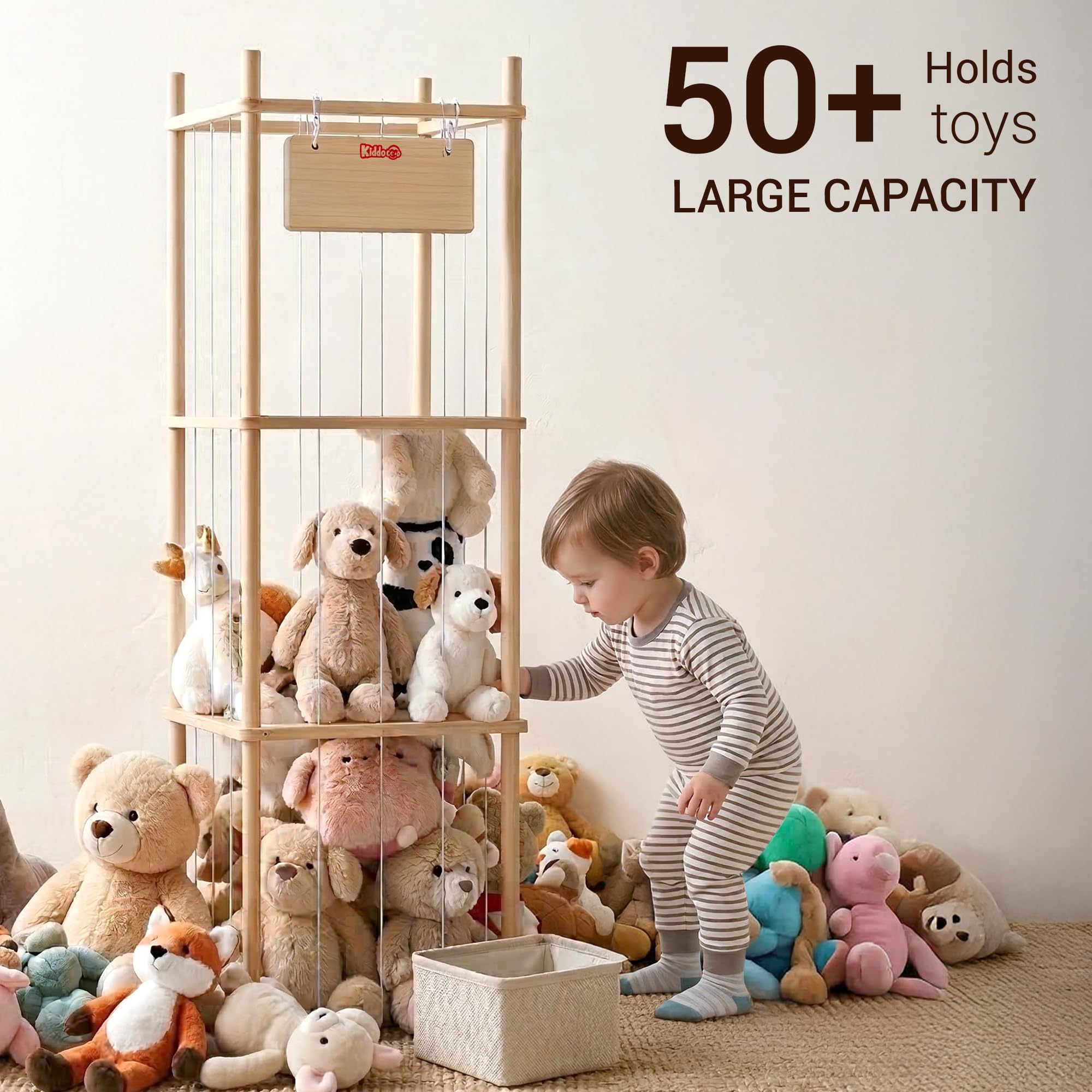 KiddoCood Kids CPC & TIC Certified Stuffed Animal Storage - 3-Tier Natural Solid Wood Plush Toy Organizer & Holder, Corner Solution for Playroom & Nursery, BPA-Free & Zero Glue - 5