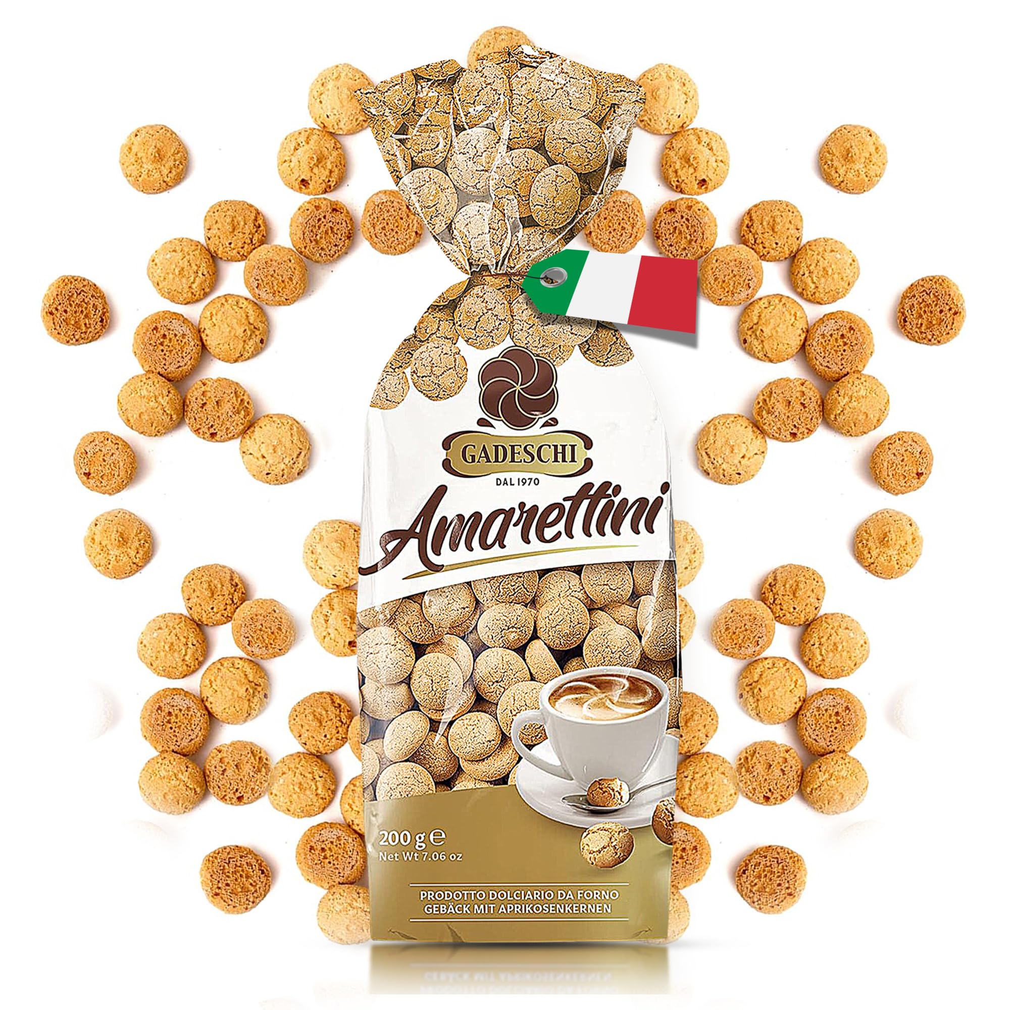 Gadeschi Amarettini (1x 200g) | italienisches Gebäck aus Aprikosenkernen | Kaffeegebäck | 200g Kekse Amarettini